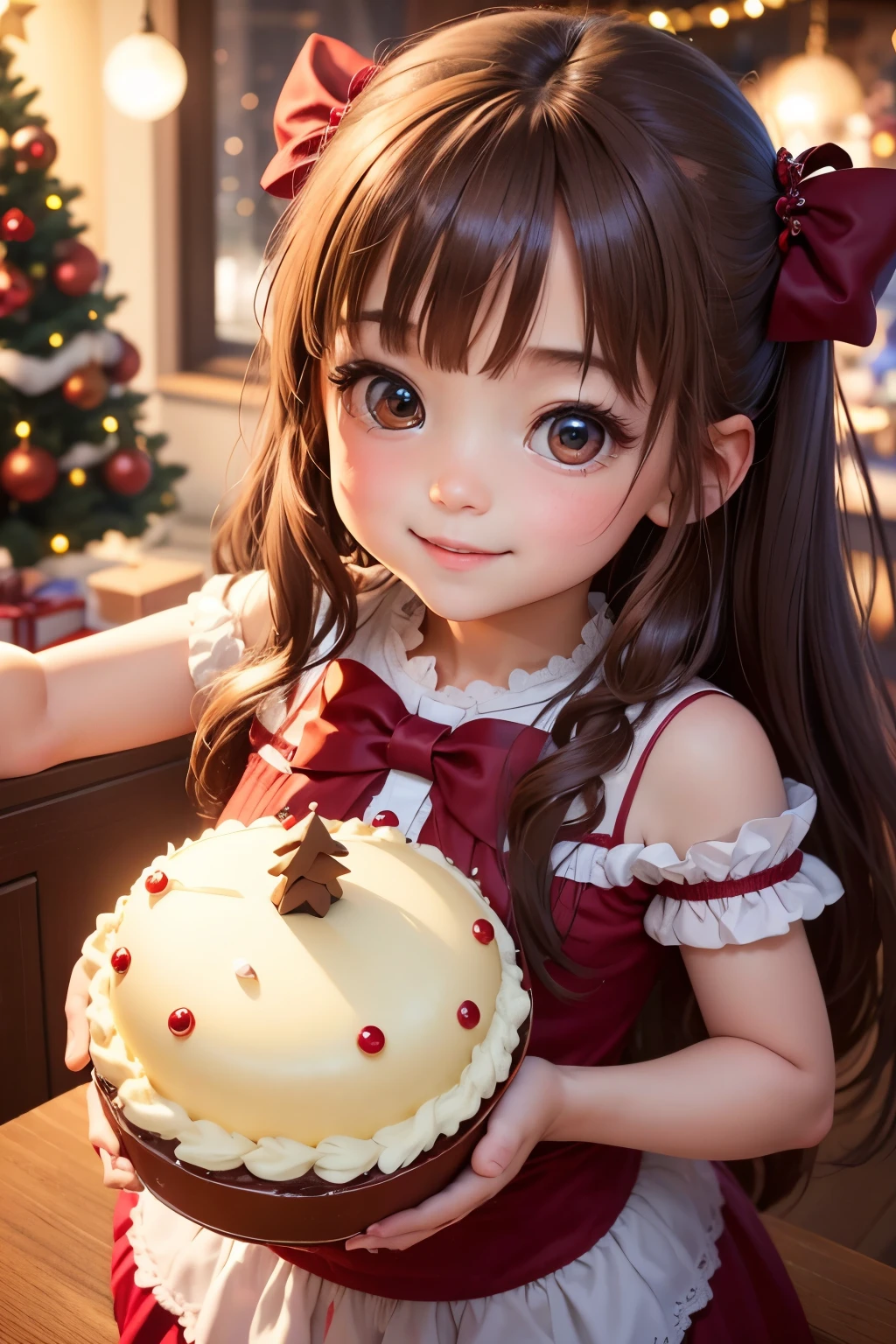 The highest image quality、fairy tale world、Fun and cute smile、large head and small body、very cute young５Year old girl、long hair with maroon、amazingly big and bright eyes、A gorgeous chocolate-colored Christmas cake is now available、big Christmas tree and illuminations、The background is a grand Christmas party..、