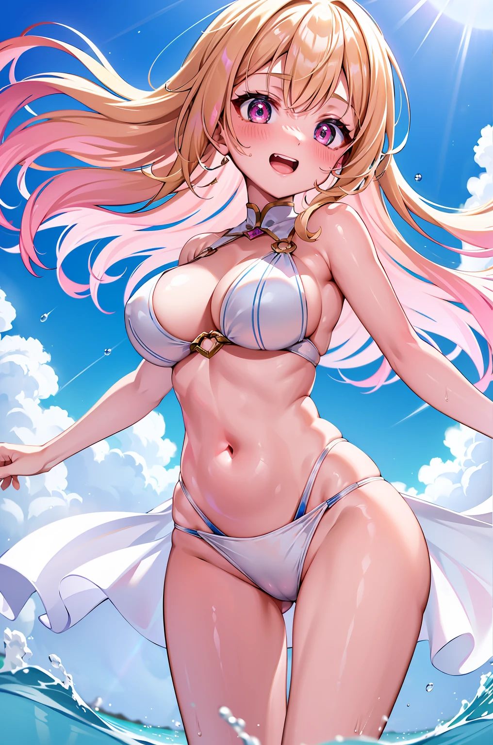 Best quality at best, tmasterpiece, Incredibly beautiful, very elaborate 8K wallpaper, otherworldly beautiful girl, , (Fair skin), (blonde hair pink gradient hair), Side pony, intermittently, Open your mouth and laugh, Long eyelashes, cosmetics, One eye open, (zoomout, The large, The largeREAK, 夏天, Beachy, (比基尼), Reflection in the water, (Floating water drops blur foreground), (blue-sky), lens flare glow, (water splash), rays of sunshine,Swimsuit，
