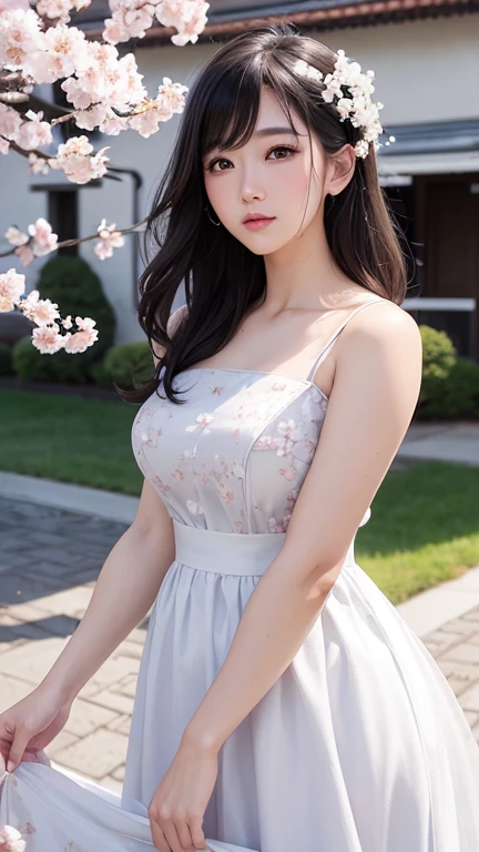 (A logo、masterpiece、8K、masutepiece、Raw photo、Fantastic、Best Quality、Photorealistic and highly detailed CG integrated 8K wallpaper、hightquality、ighly detailed、epic poem、Particle effect、Dynamic effects、depth of fields、Cinematic Light、Lens Flare、Ray tracing)、Fantasia、 (Beauty 1 person、White Japanese Clothing、Japanese dress、White cherry blossom pattern、White cherry blossom embroidery pattern、A dark-haired、Beautiful face、Real Face、beautiful details eyes beautiful skin)、Hair flutters in the wind、Hair jumps、Pink cherry blossom tree、Petals flutter、Sakura blizzard、Superb view、morning glow、Sun in the background、the wind、Deities、tusk、myth、Vast Land、