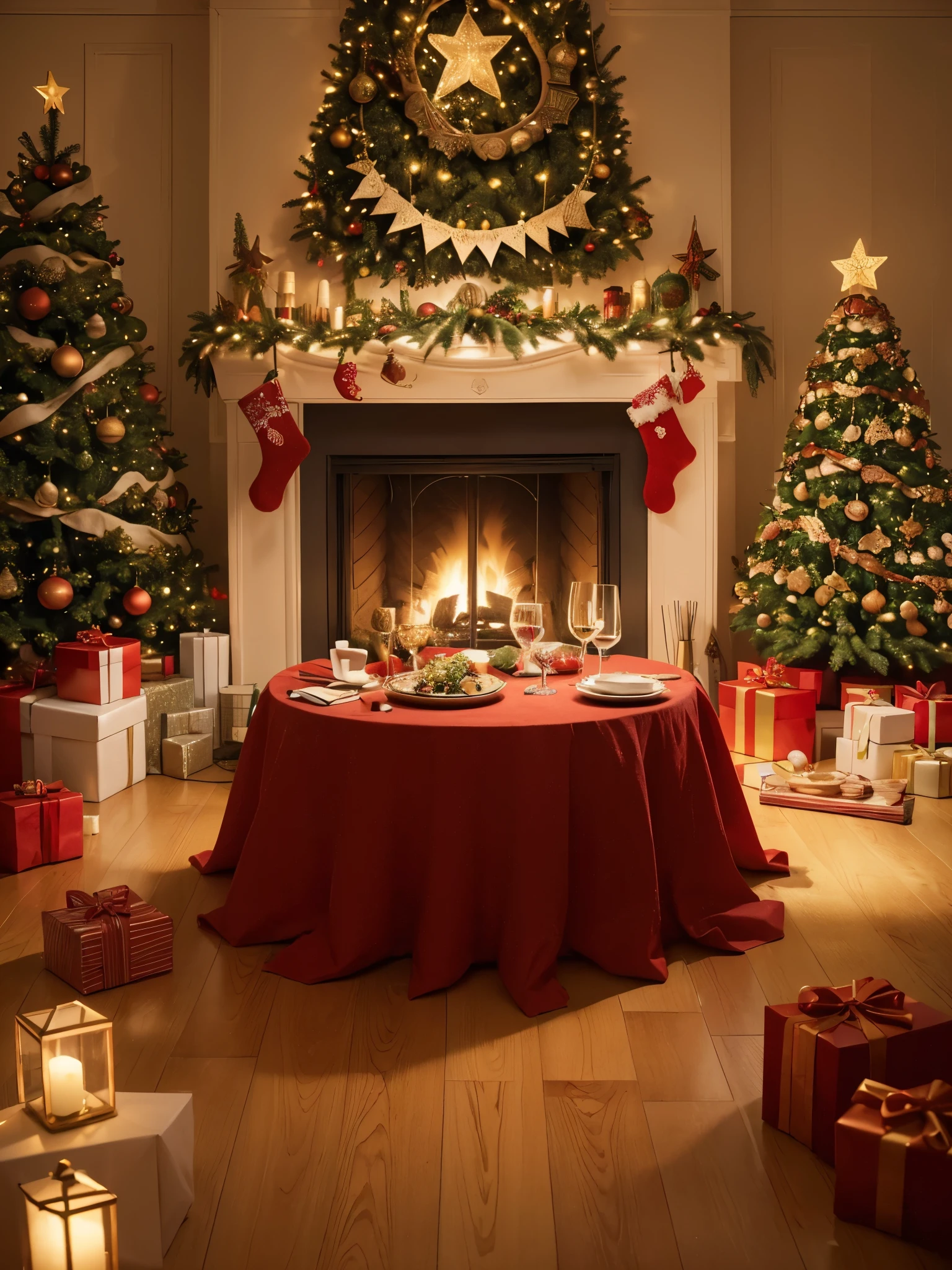 (tmasterpiece:1.2), ultra - detailed, (actual, realistically:1.37), Vibrant colors, Magical atmosphere, Whimsical, ((sky full of stars,The North Star shines)),(Use an illustration style), (European style interior house、Christmas decorations、The fireplace is warm、Lanterns hanging on the stairs、Gifts wrapped in colorful under the Christmas tree、pile of gifts on the floor、wooden floor、Decorated pine tree、镶wooden floor、mantel、red and green、Christmas atmosphere、traditional christmaestive atmosphere、chaleureux、joyeux Noel、gift tag、Christmas wreath、decorations、metal ribbon、Christmas tree lights、Confectionery,Gingerbread Man,lamplight)、(房间布置得有浓浓的Christmas atmosphere. A string of shining colored lights hangs on the wall, 窗台上放着Christmas wreath和小雪人, In the corner of the room stands a beautifully decorated Christmas tree). (On a table, There are beautiful cutlery and red plates. In the center of the table, Have a sumptuous Christmas feast, Next to it is a bottle of red wine and two exquisite wine glasses, Brings warmth and comfort to the entire room). (Ghibli-style colors, first person perspective, hyper HD, tmasterpiece, acurate, Anatomically correct, ctextured skin, super detailing, high detal, high qulity, Award-Awarded, Best quality at best, 8K))), hyper realisitc的, Psychedelic, Complicated details, Beautiful texture, Ethereal, like a dream, Soft glowing light, Charming Patterns, Fantasy creatures, Hidden surprises, dreamlike landscapes, hyper realisitc的 color palette, Mystic aura, hyper realisitc, Enchanting journey, psychedelic trip, vivid imagination, immersive experience, mysterious creature, otherworldly charm, glowing paths, Light up a magical Christmas, hyper realisitc的天空, Whimsical theme park, a magical encounter,Fascinating artwork,(Ultra-high saturation,Bright and bright: 1.8), (Ultra-high saturation,Bright and bright: 1.8)