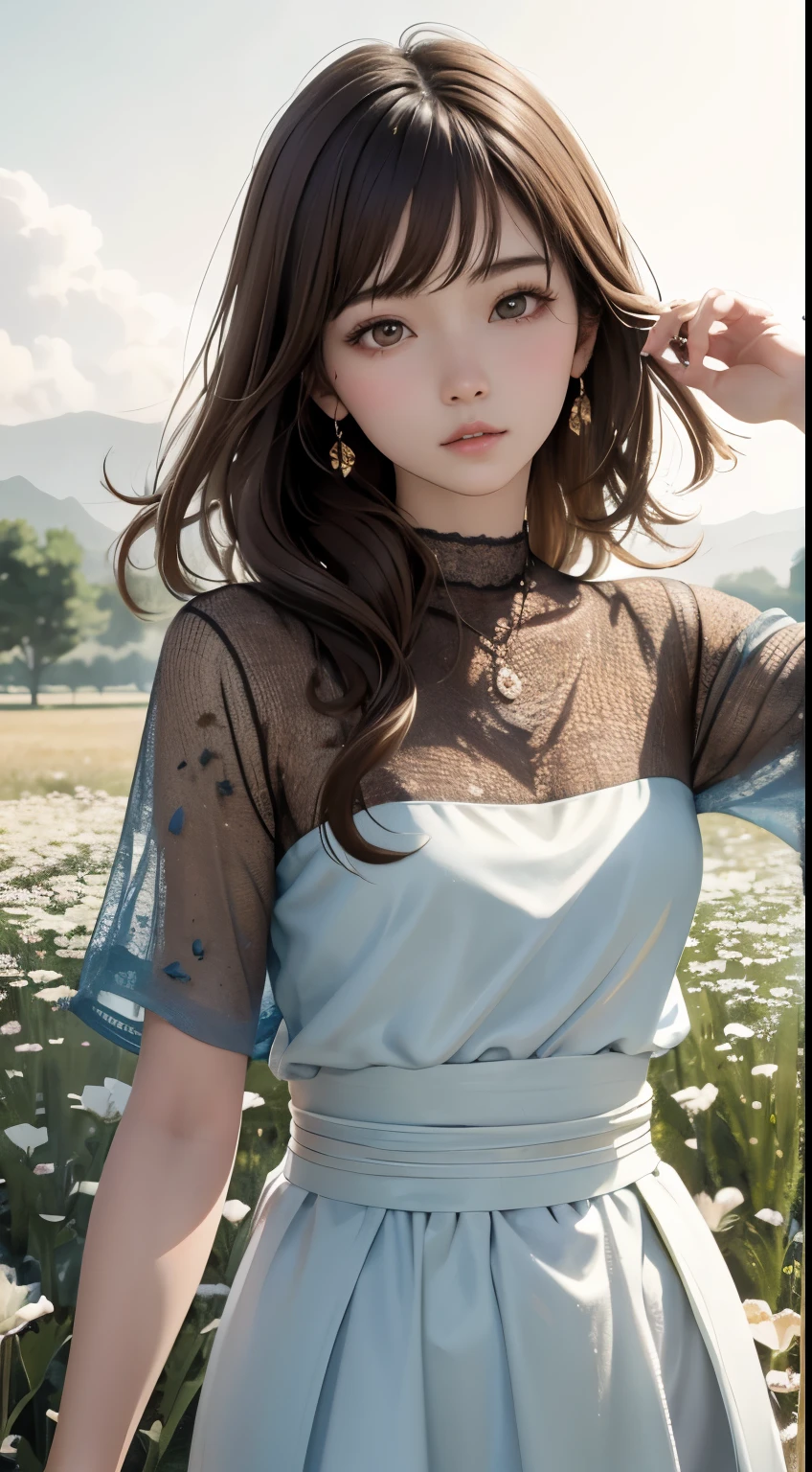 Photorealistic, High resolution, Soft light,1womanl, １６years old、、Japanese、Solo, hips up high, glistning skin, (Detailed face),Jewelry, Brown hair, Dress Flower Field,(Dynamic Angle:1.1),Vivid,Soft and warm color palette, Delicate brushwork, Targeted use of light and shadow, Wide Shot,The deliciousness of wilted flowers,High contrast,Color contrast,masuter piece:1.3、