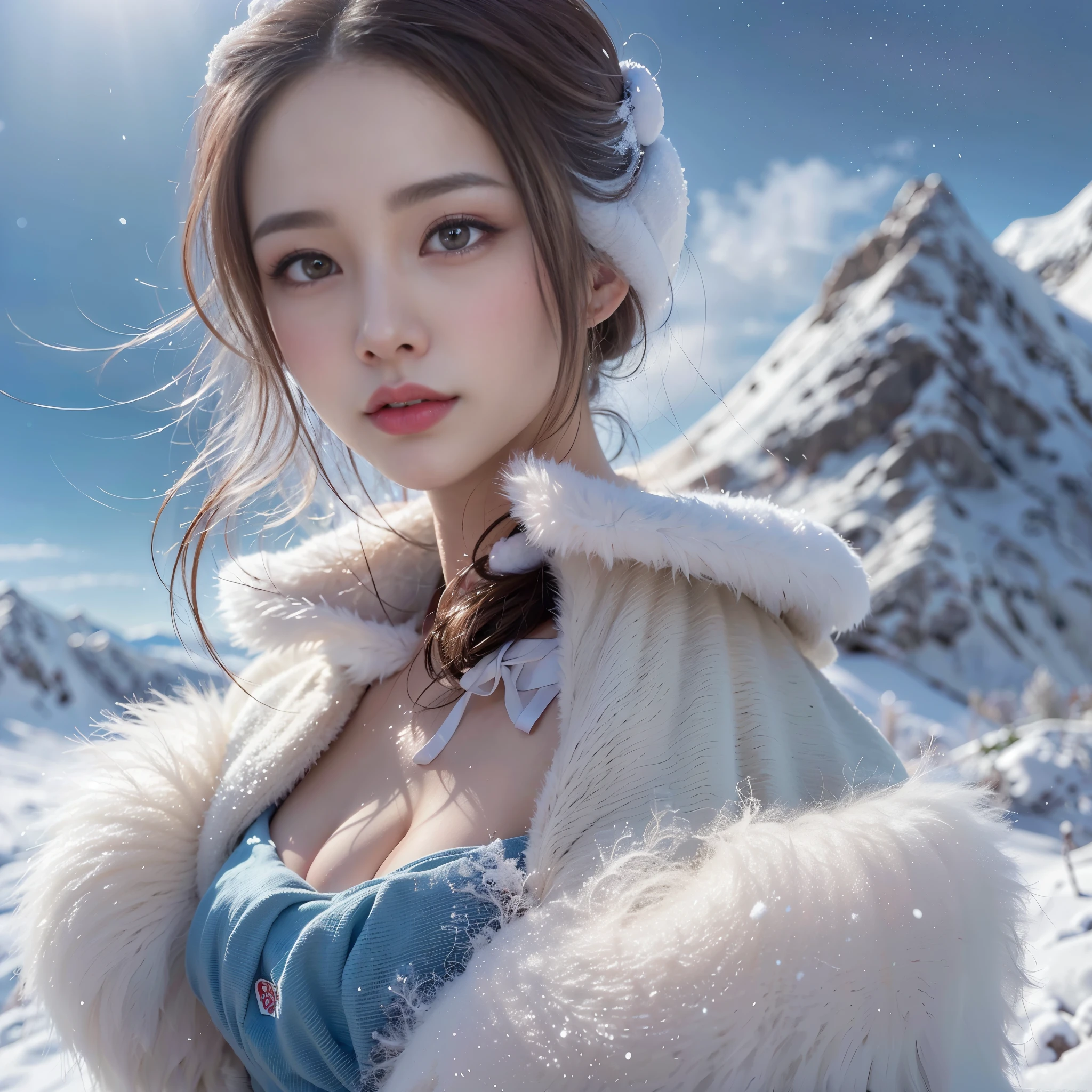 (Background, Magnificent mountain views, blue open sky, white clouds, snow, winter):1.3,  (medium hair, dark brown hair), (top-quality, Photorealistic:1.4, masterpiece:1.3, RAW Photography:1.2, cinematic light, very detailed illustration), (1woman:1.3, solo), (Christmas costumes:1.3), (Walking along a mountain trail), (ultra delicate face, ultra Beautiful fece, ultra delicate eyes, ultra detailed nose, ultra detailed mouth, ultra detailed facial features), ite woman, (medium breast:1.3), from the front side, glossy lips, white breath