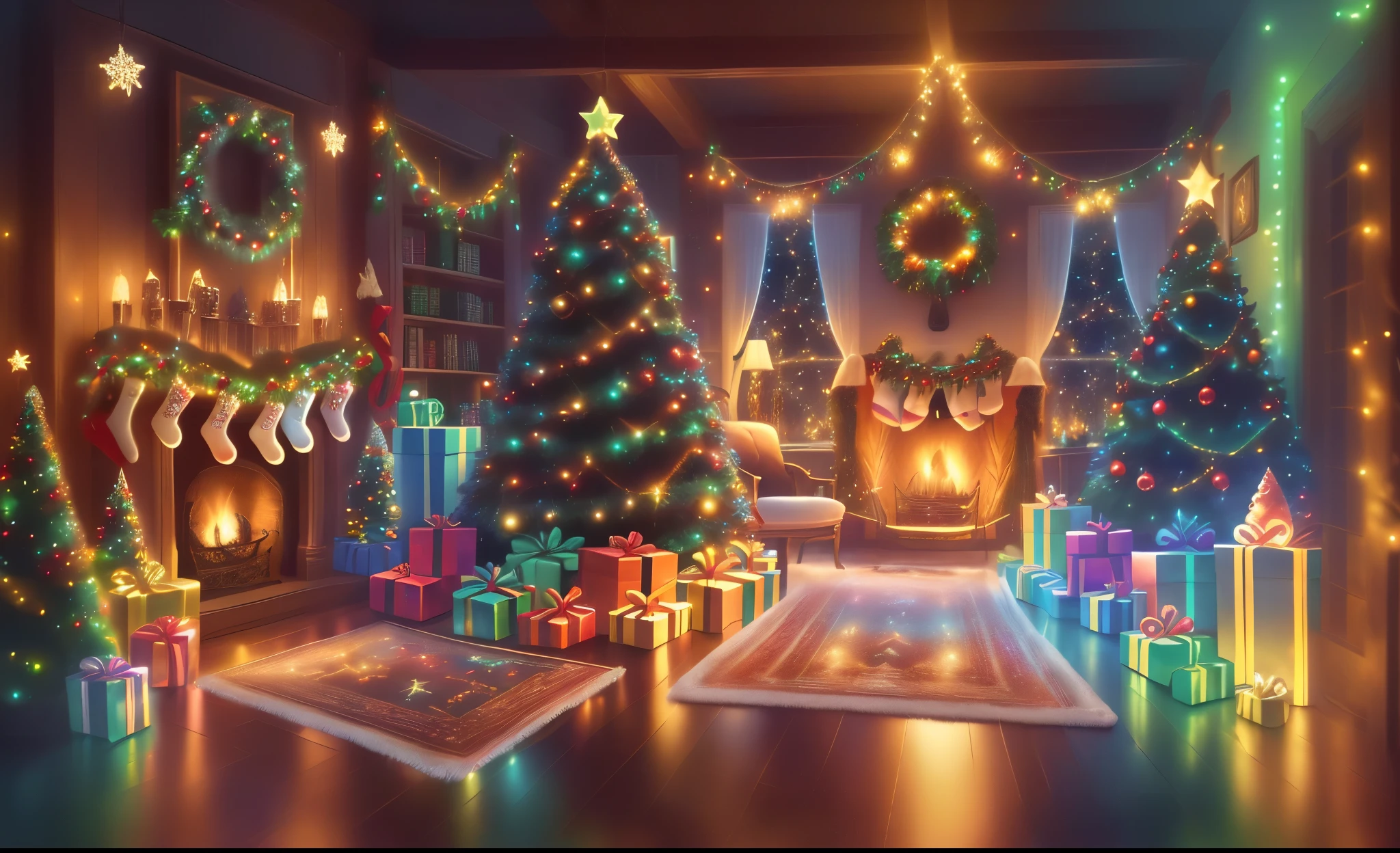 (Best quality, 8K, A high resolution, tmasterpiece:1.2), ultra - detailed, (actual, realistically:1.37), vibrant with colors, Magical atmosphere, Whimsical, ((sky full of stars，stars shining bright))，(((Use an illustration style))), European style interior house、Christmas decorations、The fireplace is warm、Lanterns hanging on the stairs、Colorful gifts wrapped under the Christmas tree、The floor is piled with gifts、wooden floor、Decorated pine tree、镶wooden floor、Manta ray and green、Christmas atmosphere、传统的Christmas atmosphere、Schaller、Joey Noel、gift tags、Christmas wreath、decorative metal ribbon、Christmas tree lights、Candy and Snacks，Gingerbread Man，(Transparent glow)、房间布置得有浓浓的Christmas atmosphere. A string of shining colored lights hangs on the wall, 窗台上放着Christmas wreath和小雪人, In the corner of the room stands a beautifully decorated Christmas tree. On a table, There are beautiful cutlery and red plates. In the center of the table, Have a sumptuous Christmas feast, Next to it is a bottle of red wine and two exquisite wine glasses, Brings warmth and comfort to the entire room. (Ghibli-style colors, first person perspective, hyper HD, tmasterpiece, Acura, Anatomically correct, ctextured skin, super detailing, high detal, high high quality, Award-Awarded, Best quality at best, 8K), hyper realisitc的, Psychedelic, Complicated details, Beautiful texture, Ethereal, like a dream, Soft glowing light, Charming Patterns, Fantasy creatures, Hidden surprises, dreamlike landscapes, hyper realisitc的 color palette, Mystic aura, hyper realisitc, Enchanting journey, psychedelic trip, vivid imagination, immersive experience, mysterious creature, otherworldly charm, glowing paths, Light up a magical Christmas, hyper realisitc的天空, Whimsical theme park, a magical encounter,Fascinating artwork