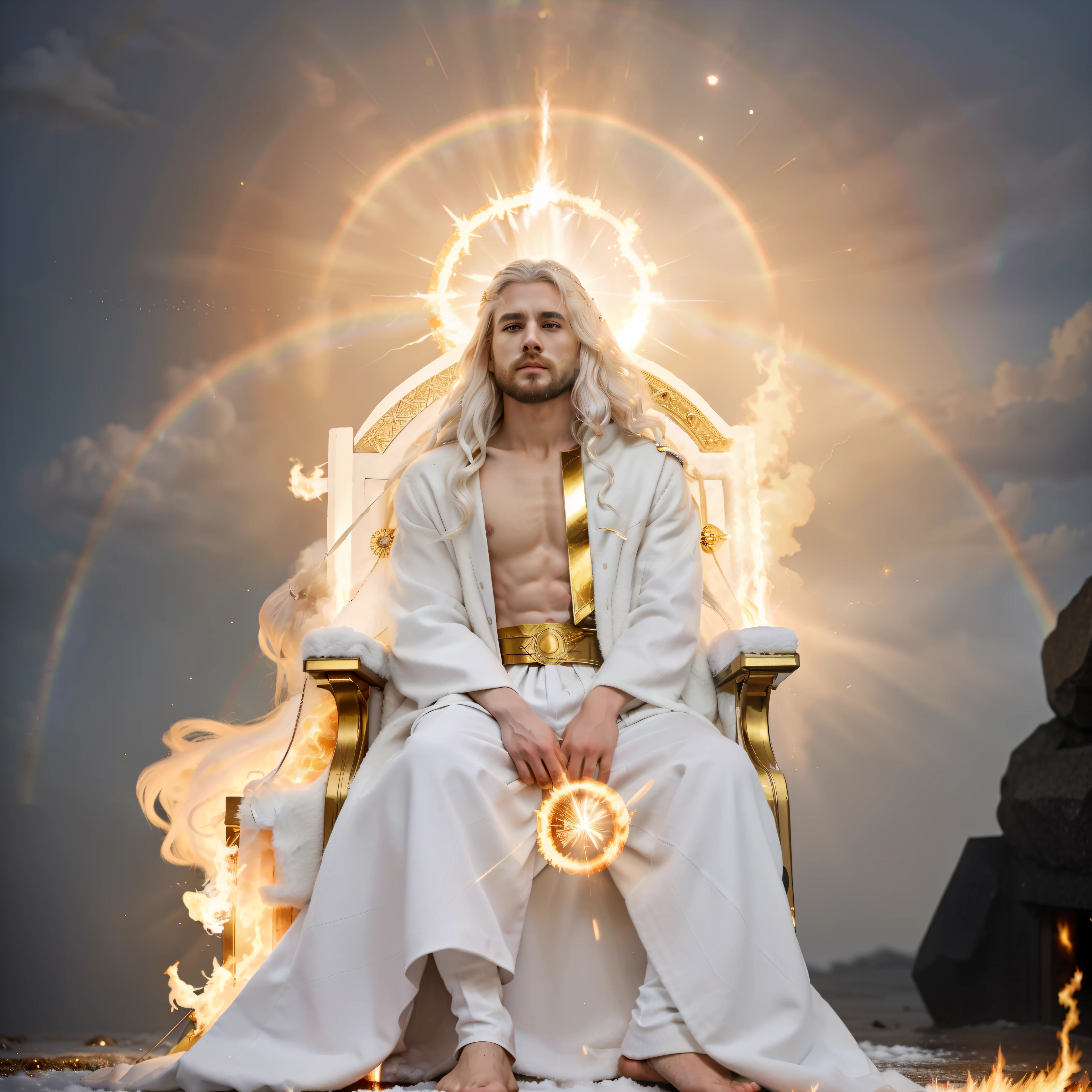 Photorealistic, Jesus sitting on the white throne something glowing like electrum that was like a fire radiating from what appeared to be his waist and upward; and from his waist down, I saw something that resembled fire., (((There was a round brilliance flare all around him 28 like that of a round rainbow in a cloud on a rainy day))), His head and his hairs were white like wool, as white as snow; and his eyes were as a flame of fire;garment was white as snow, and the hair of his head like the pure wool: his throne was like the fiery flame, and his wheels as burning fire.And his feet like unto fine brass, as if they burned in a furnace; and his voice as the sound of many waters. ,((white hairs)), white throne.,