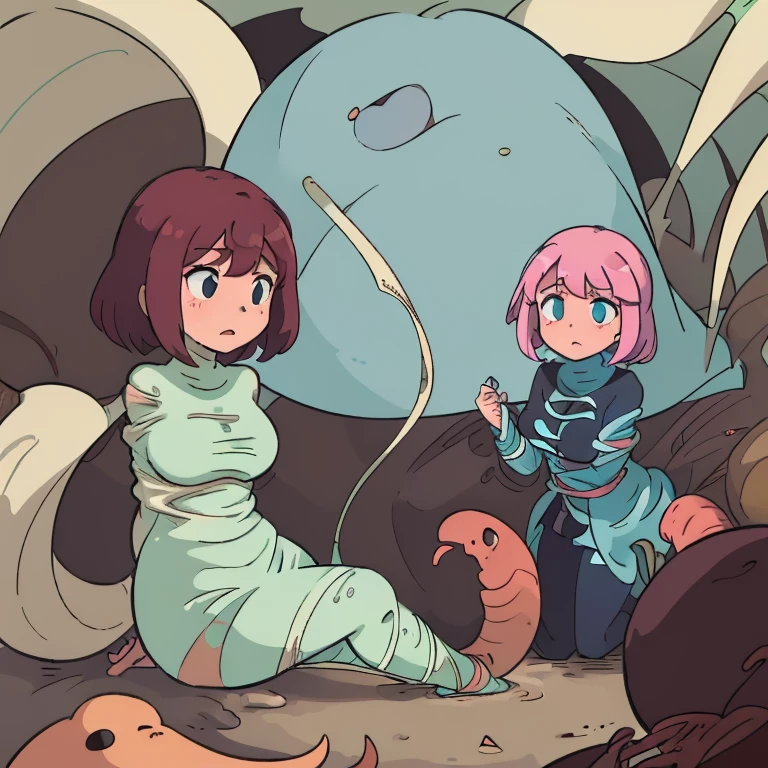 2 girls, trapped within sticky slimy cocoons made of silk, surrounded by worms