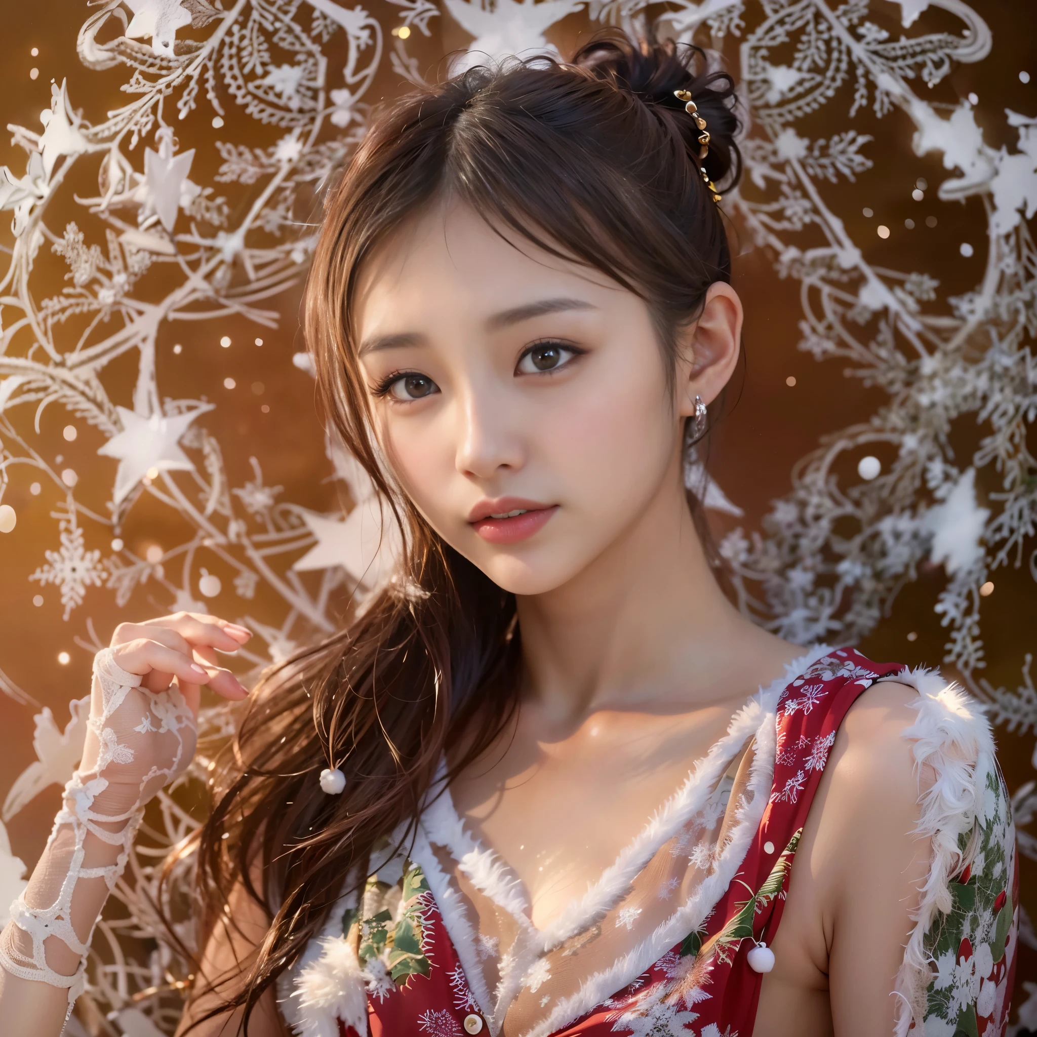 symmetrical, Compositions with snow geometric arabesque patterns, (cowboy shot), (Bun hair, dark brown hair), (top-quality, Photorealistic:1.4, masterpiece:1.3, RAW Photography:1.2, cinematic light, very detailed illustration), (1woman:1.3, solo), (dress up as Santa Claus:1.5), (asian girl, ultra delicate face, ultra Beautiful fece, ultra delicate eyes, ultra detailed nose, ultra detailed mouth, ultra detailed facial features), ite woman, (medium breast:1.3), from the front side, shiny, lipgloss, smile:0.8, Make a heart shape with your fingers and pose