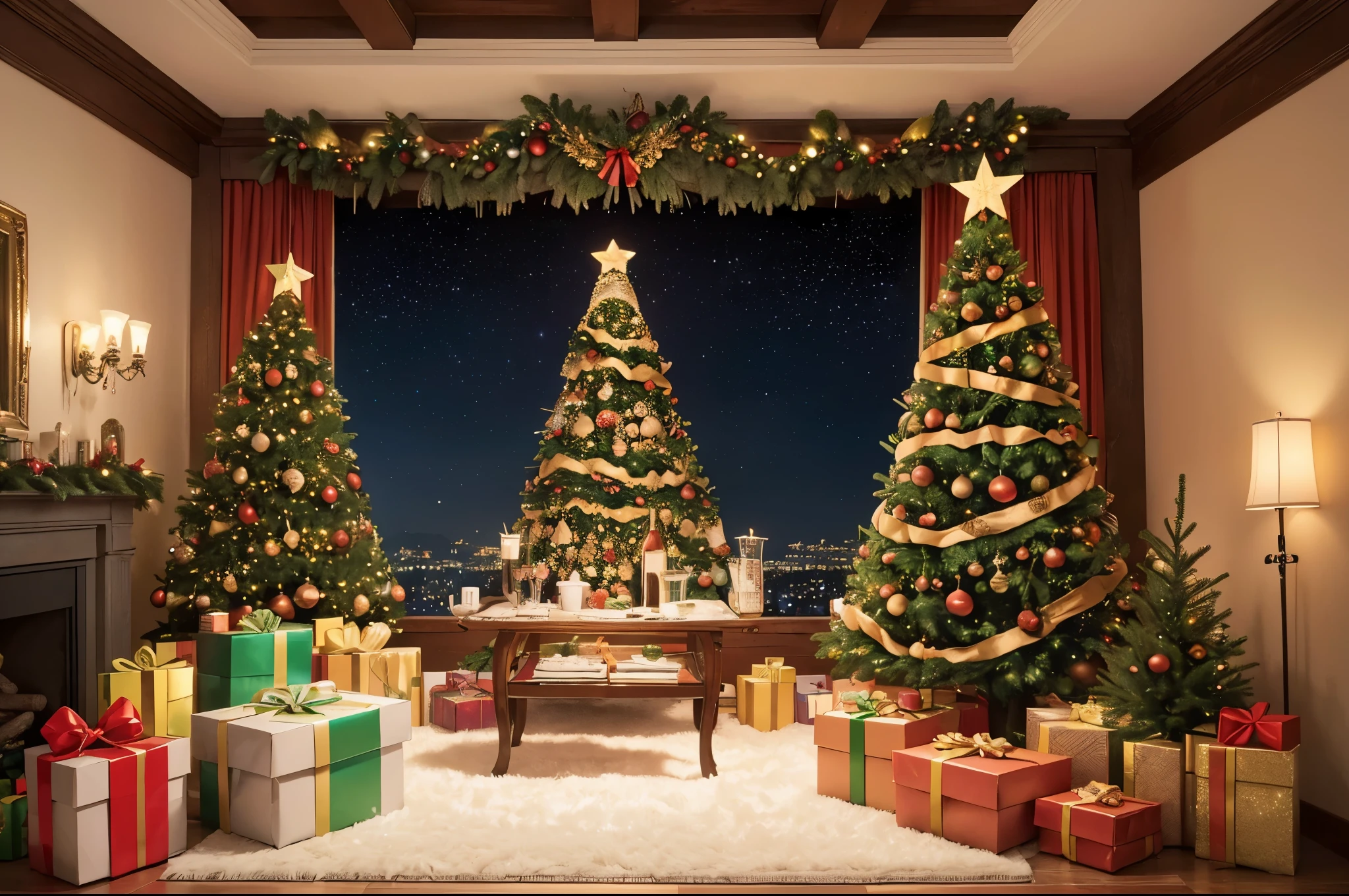 (Best quality at best, 8K, A high resolution, tmasterpiece:1.2), ultra - detailed, (actual, realistically:1.37), vivd colour, magical ambiance, Whimsical, ((sky full of stars，stars shining bright))，(((Use an illustration style))), European style interior house、Christmas decorations、The fireplace is warm、Lanterns hanging on the stairs、Colorful gifts wrapped under the Christmas tree、The floor is piled with gifts、wooden floor、Decorated pine tree、镶wooden floor、Manteaed and green、Christmas atmosphere、传统的Christmas atmosphere、Shaler、Joy Noel、gift tags、Christmas wreath、decorative metal ribbon、Christmas tree lights、Sweets and snacks，Gingerbread Man，(Transparent glow)、房间布置得有浓浓的Christmas atmosphere. A string of shining colored lights hangs on the wall, 窗台上放着Christmas wreath和小雪人, In the corner of the room stands a beautifully decorated Christmas tree. On a table, There are beautiful cutlery and red plates. In the center of the table, Have a sumptuous Christmas feast, Next to it is a bottle of red wine and two exquisite wine glasses, Brings warmth and comfort to the entire room. (Ghibli-style colors, first person perspective, hyper HD, tmasterpiece, Acura, Anatomically correct, ctextured skin, super detailing, high detal, high high quality, Award-Awarded, Best quality at best at best, 8K), hyper realisitc的, Psychedelic, Complicated details, Beautiful texture, Ethereal, like a dream, Soft glowing light, Charming Patterns, fantastical creature, Hidden surprises, dreamlike landscapes, hyper realisitc的 color palette, Mystic aura, hyper realisitc, Enchanting journey, psychedelic trip, vivid imagination, immersive experience, mysterious creature, otherworldly charm, glowing paths, Light up a magical Christmas, hyper realisitc的天空, Whimsical theme park, a magical encounter,Fascinating artwork