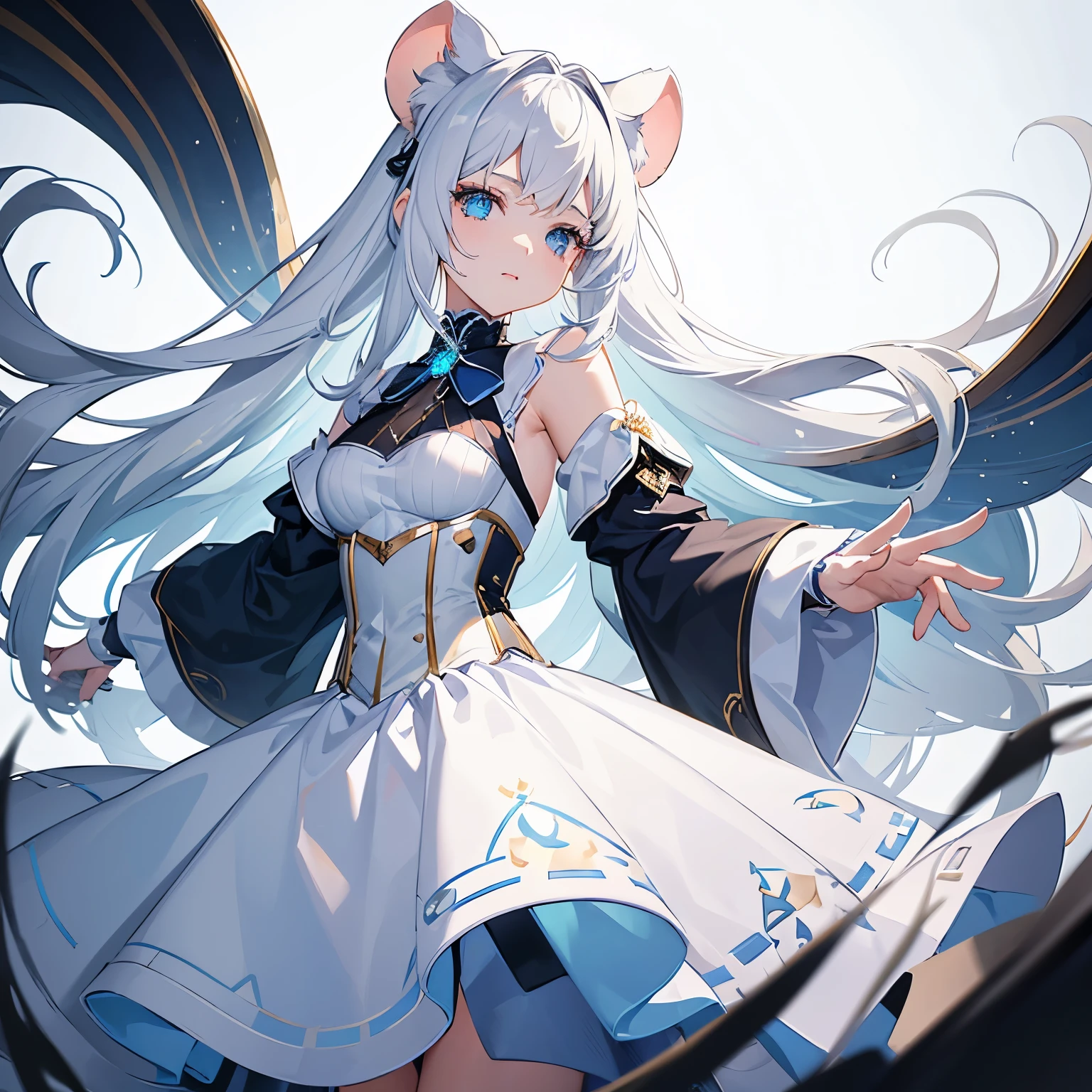 1girl, long white hair, blue eyes, white tech corset, white skirt, small tech mouse ears, white background, high res, ultrasharp, looking at viewer, 8K, masterpiece