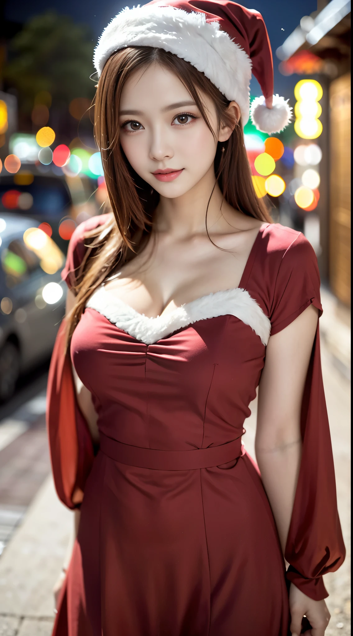 1 beautiful young girl, Super beautiful detailed face, smile shyly, (Slender body:1.2), (dress up as Santa Claus:1.3), dark brown hair, semi-long hair, (Fine face:1.2), conceptual art, High quality, Realistic, extremely detailed CG unified 8k wallpaper, highly detailed, High-definition raw color photos, professional photography, Realistic portrait, Cinematic Light, Beautiful detailed, Super Detail, high details, (((Bokeh))), depth of fields, illumination, Neon Street, Super stylish lighting