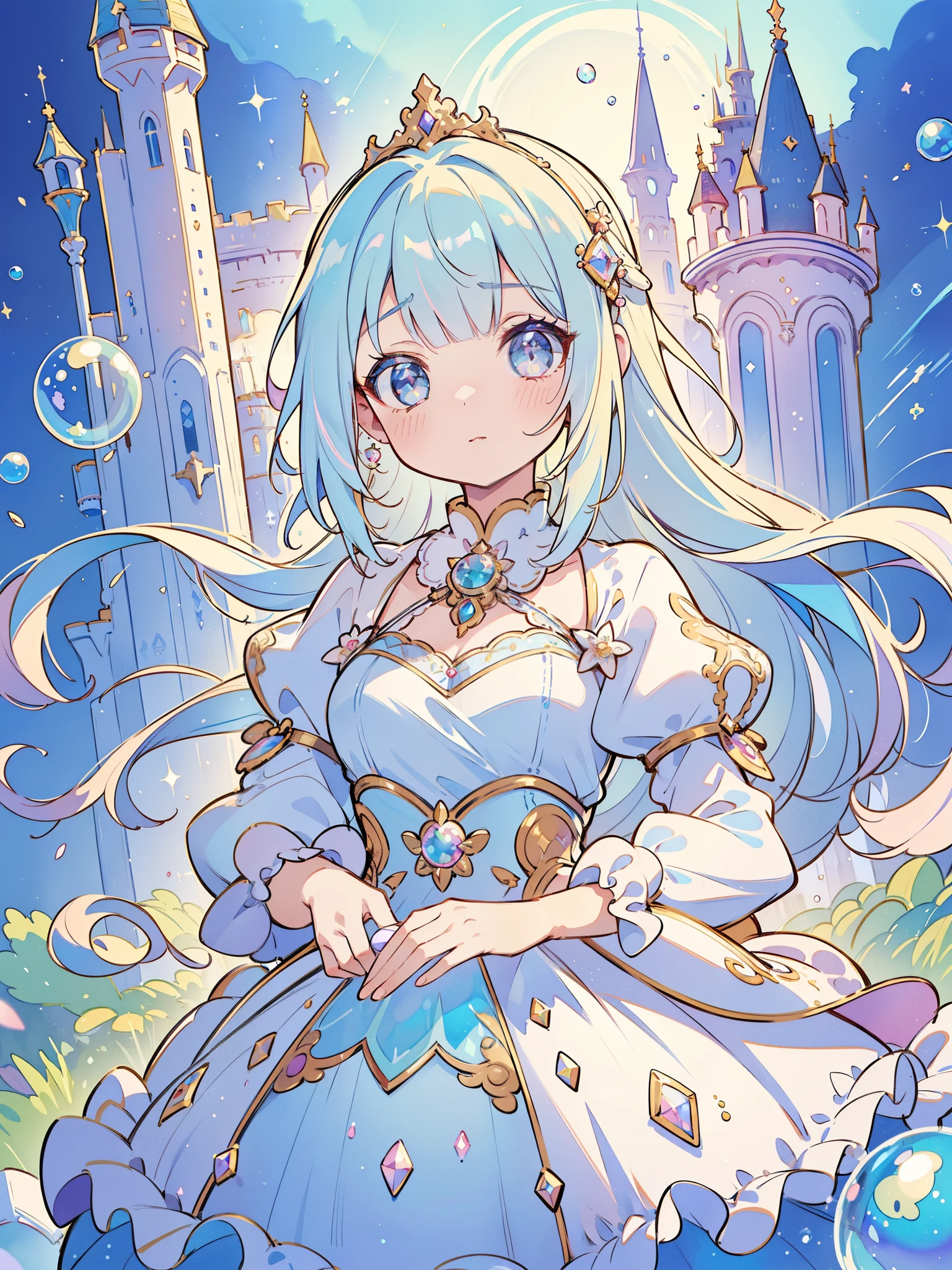 masterpiece, best quality, 8k resolution, sharp focus, intricate detail, beautiful girl, sparkling eyes, golden ratio face, otherworldly liquid, watercolor, ((pastel colorright colors, whimsical, colorful, sharp focus, high resolution, fine detail, princess fantasy ballgown, ((round eyes)), iridescent bubbles, castle landscape in background