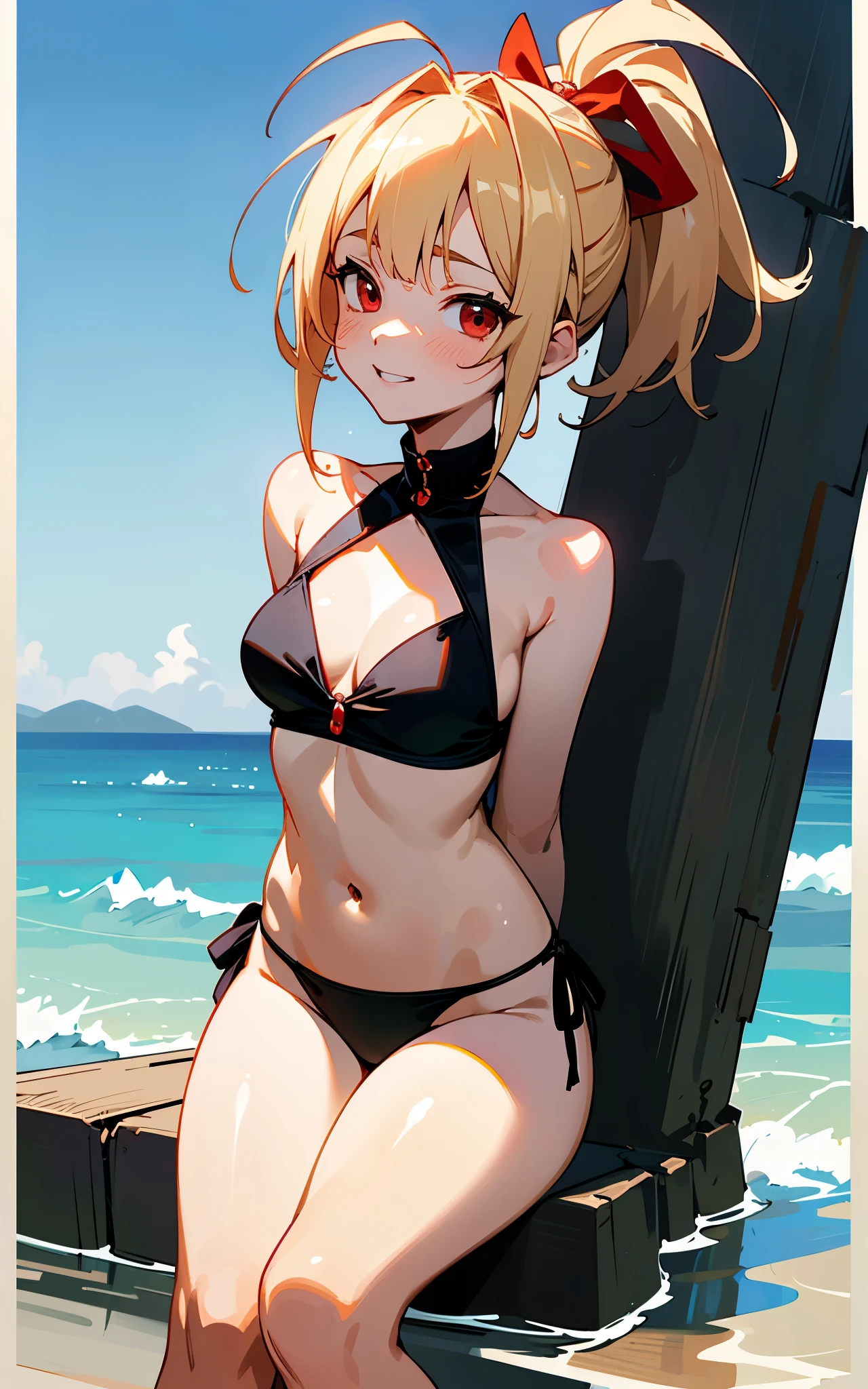 (Original Character、Unity 16K Wallpaper、masutepiece、Best Quality、Ultra-Detailed、Extremely Detailed CG、Caustics、Cinematic lighting、Detailed、Beautiful Detailed Eyes、Solo、Oily skin、cleavage、18year old)、Blonde ponytail、Red ribbons、Ahoge、big round red eyes、small tits、A slight smil、Laugh、Ultra High Resolution、Fine skin、(Cute, off shoulder black bikini)、(strong lights)、Separate swimwear:1.8、plein air、seaside、鎖骨、arms behind back:1.2、((thick outline、Brighten the subject with black outlines))、 Active、Blue sky、Sitting