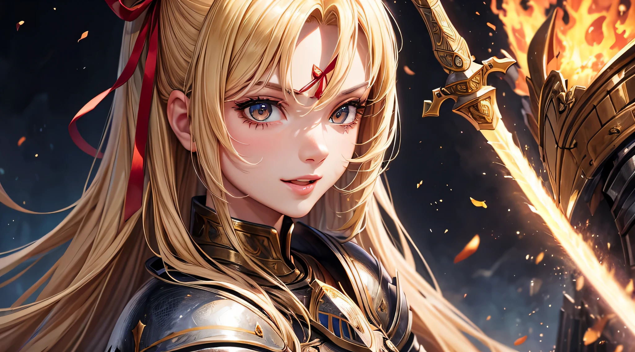 masutepiece,Best Quality,ultra-detailliert,(1 female knight),(equip fire sword),(Face Close-up:1.4),Blonde hair,(Full lips:-0.5),Long hair,(bow ribbon),(Smile:0.8),(Open mouth:0.7)