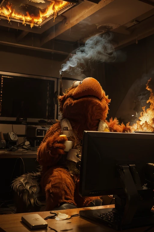 (masterpiece, best quality, 2D illustration, 2D, best of artstation),(1 Elmo muppet, muppet, Elmo, red fur:1.1), sitting behind a desk, Elmo as a programmer, soft round yellow, computer screen with many errors, mac pro computer, (everything is on fire, one coffee cup is on fire,the room is on fire, chaos in the background, thick smoke clouds collecting on the ceiling,huge flames:1.2), Elmo is holding his flaming coffee cup with two hands, (furry arms:1.3)