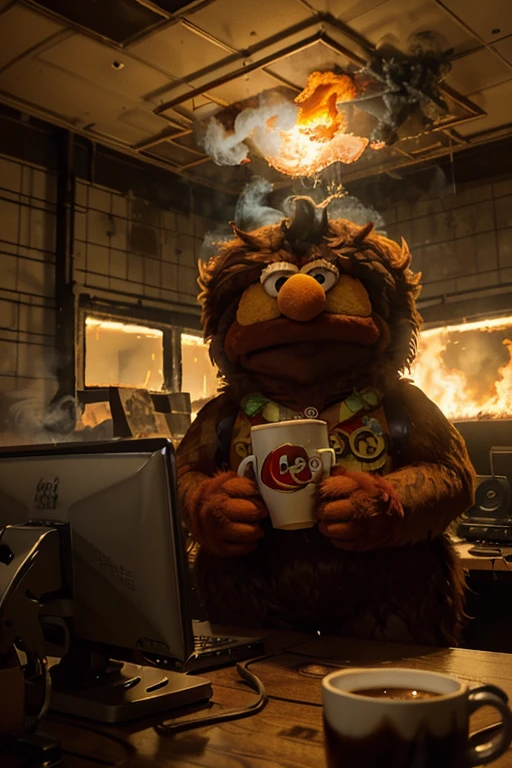 (masterpiece, best quality, 2D illustration, 2D, best of artstation),(1 Elmo muppet, muppet, Elmo, red fur:1.1), sitting behind a desk, Elmo as a programmer, soft round yellow, computer screen with many errors, mac pro computer, (everything is on fire, one coffee cup is on fire,the room is on fire, chaos in the background, thick smoke clouds collecting on the ceiling,huge flames:1.2), Elmo is holding his flaming coffee cup with two hands, (furry arms:1.3)