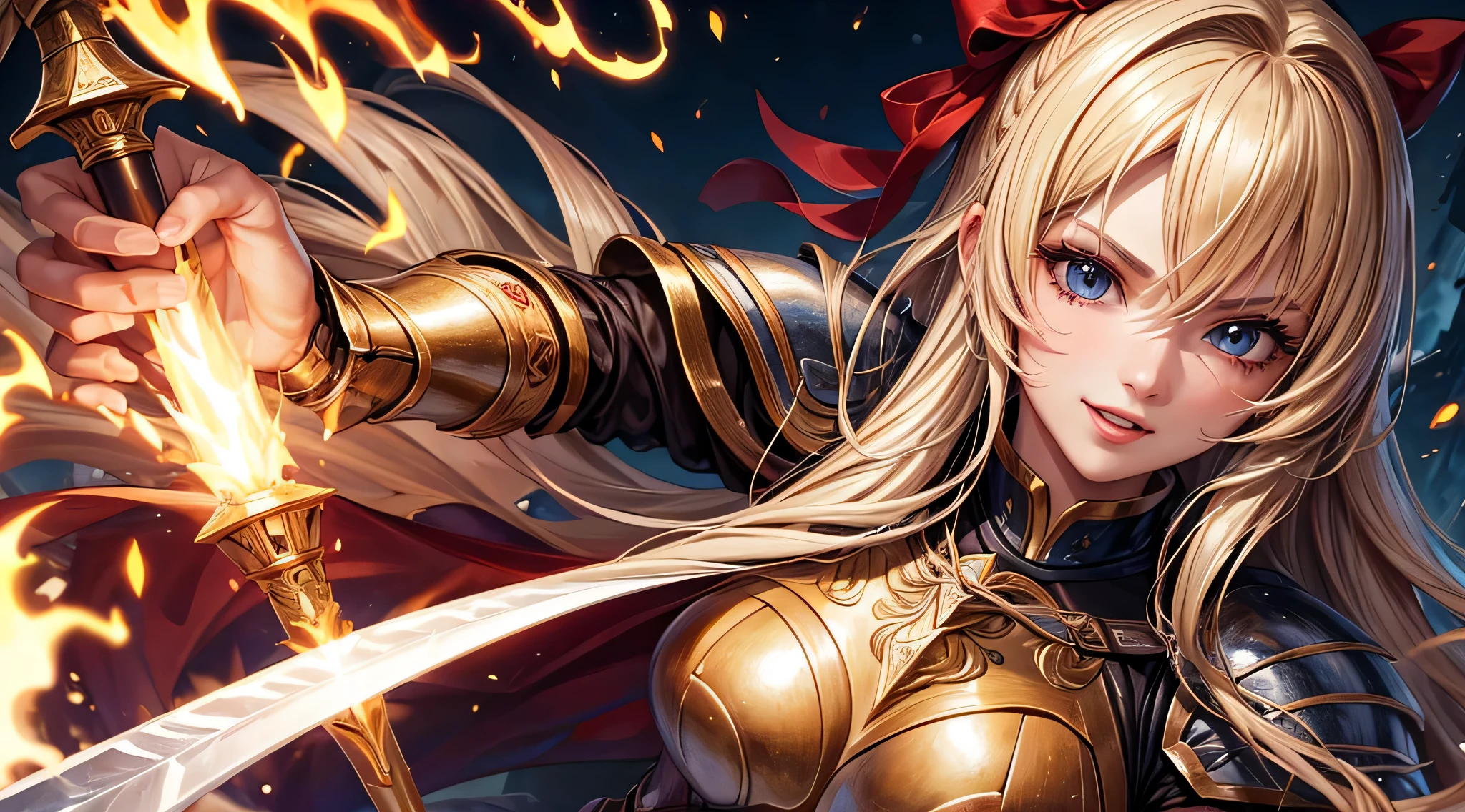 masutepiece,Best Quality,ultra-detailliert,(1 female knight),(equip fire sword),(Face Close-up:1.4),Blonde hair,(Full lips:-0.5),Long hair,(bow ribbon),(Smile:0.8),(Open mouth:0.7)