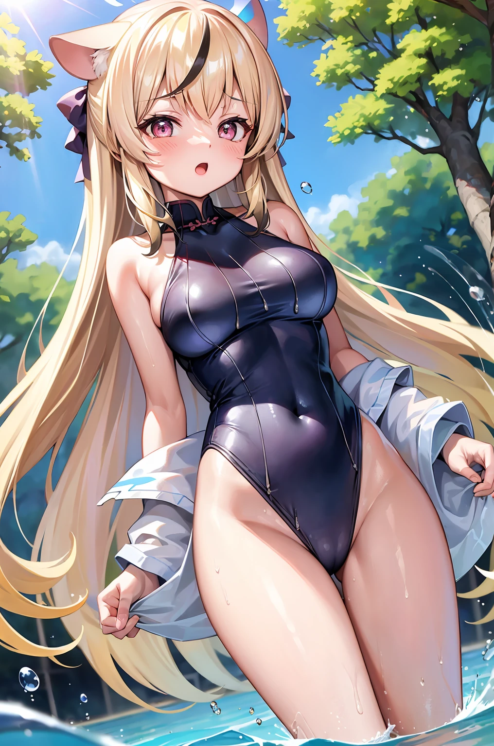 Best quality at best, tmasterpiece, Incredibly beautiful, very elaborate 8K wallpaper, otherworldly beautiful girl, , (Fair skin), (blonde hair pink gradient hair), Side pony, intermittently, Open your mouth and laugh, Long eyelashes, cosmetics, One eye open, (zoomout, The large, The largeREAK, 夏天, Beachy, (比基尼), Reflection in the water, (Floating water drops blur foreground), (blue-sky), lens flare glow, (water splash), rays of sunshine,Swimsuit,