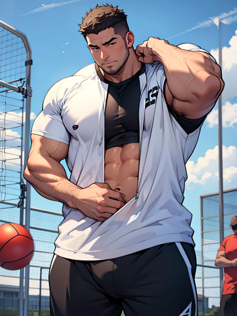 chubby gym teacher, Cool guy with big breasts with semen coming out from under his clothes,barechested