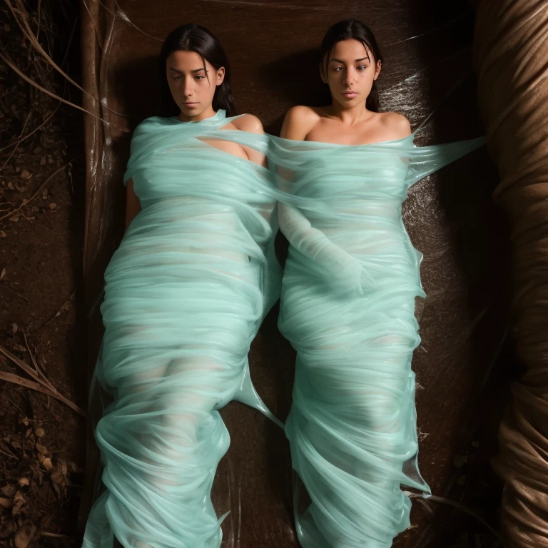 2 girls, trapped within sticky slimy cocoons made of silk, surrounded by worms