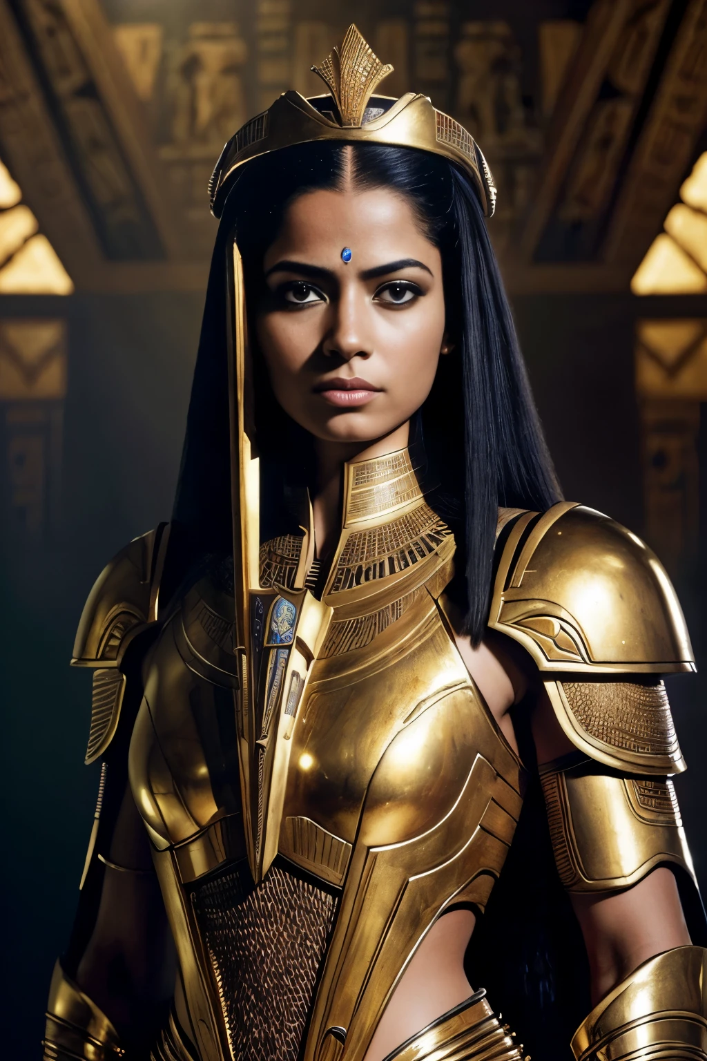 1girl,mature,  queen, royal makeups,  futuristic Egypt, osiris armor 
  solo, dark space, dim light 
 muted color, realistic 
photorealistic
(photo by Drew Struzan)
 (masterpiece, best quality:1.3),