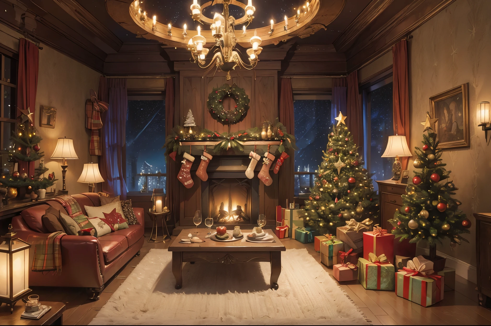 (Best quality, 8K, A high resolution, tmasterpiece:1.2), ultra - detailed, (actual, realistically:1.37), Vibrant colors, Magical atmosphere, Whimsical, ((sky full of stars，The stars shine))，(((Use an illustration style))), European style interior house、Christmas decorations、The fireplace is warm、Lanterns hanging on the stairs、Gifts wrapped in colorful  under the Christmas tree、pile of gifts on the floor、wooden floor、Decorated pine tree、镶wooden floor、mantel、red and green、Christmas atmosphere、traditional christmaestive atmosphere、chaleureux、joyeux Noel、gift tag、Christmas wreath、decorations、metal ribbon、Christmas tree lights、Confectionery，Gingerbread Man，(Transparent glow)、房间布置得有浓浓的Christmas atmosphere. A string of shining colored lights hangs on the wall, 窗台上放着Christmas wreath和小雪人, In the corner of the room stands a beautifully decorated Christmas tree. On a table, There are beautiful cutlery and red plates. In the center of the table, Have a sumptuous Christmas feast, Next to it is a bottle of red wine and two exquisite wine glasses, Brings warmth and comfort to the entire room. (Ghibli-style colors, first person perspective, hyper HD, tmasterpiece, acurate, Anatomically correct, ctextured skin, super detailing, high detal, high qulity, Award-Awarded, Best quality at best, 8K), hyper realisitc的, Psychedelic, Complicated details, Beautiful texture, Ethereal, like a dream, Soft glowing light, Charming Patterns, Fantasy creatures, Hidden surprises, dreamlike landscapes, hyper realisitc的 color palette, Mystic aura, hyper realisitc, Enchanting journey, psychedelic trip, vivid imagination, immersive experience, mysterious creature, otherworldly charm, glowing paths, Light up a magical Christmas, hyper realisitc的天空, Whimsical theme park, a magical encounter,Fascinating artwork