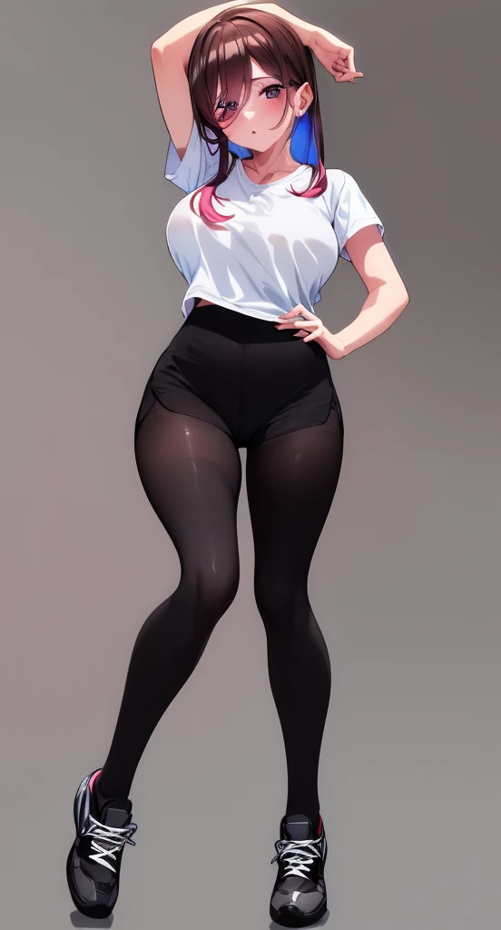 Stylish young brown haired girl, ((dressed in white t-shirt)), ((black tights)) and ((shoes)) is posing on the white background in the studio , brown -reddsh hair, pink eyes, absurdres, high res, ultrasharp, 8k, masterpiece, looking at viewer, seductive, sexy, ((large breasts:1.2)), long height, ((multiple photos:1.5)), ((full black thighs:1.5)), ((shoes)), ((white long t shirt)), ((full body shot:1.7)), ((black shorts:1.5)), ((sharpness increased:1.4)), ((High quality:1.5)), ((masterpiece:1.5)), ((8k wallpaper:1.3)), ((increase light:1.2)), ((increase colors:1.5)), ((Black thighs)), ((wearing black tights:1.8)) ((white background:1.5))