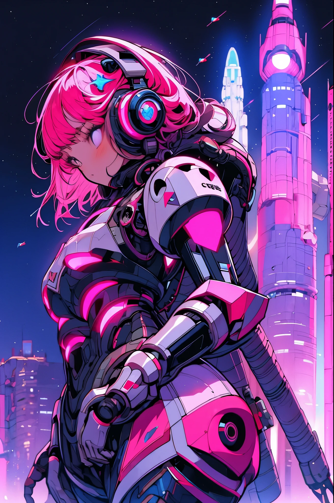 Cosmos, Meteor, Space Station, Glow, Robot, Mecha Girl, Pink Hair, Architecture, glowing_eyes, Mecha, Science Fiction, City, Reality, Mecha