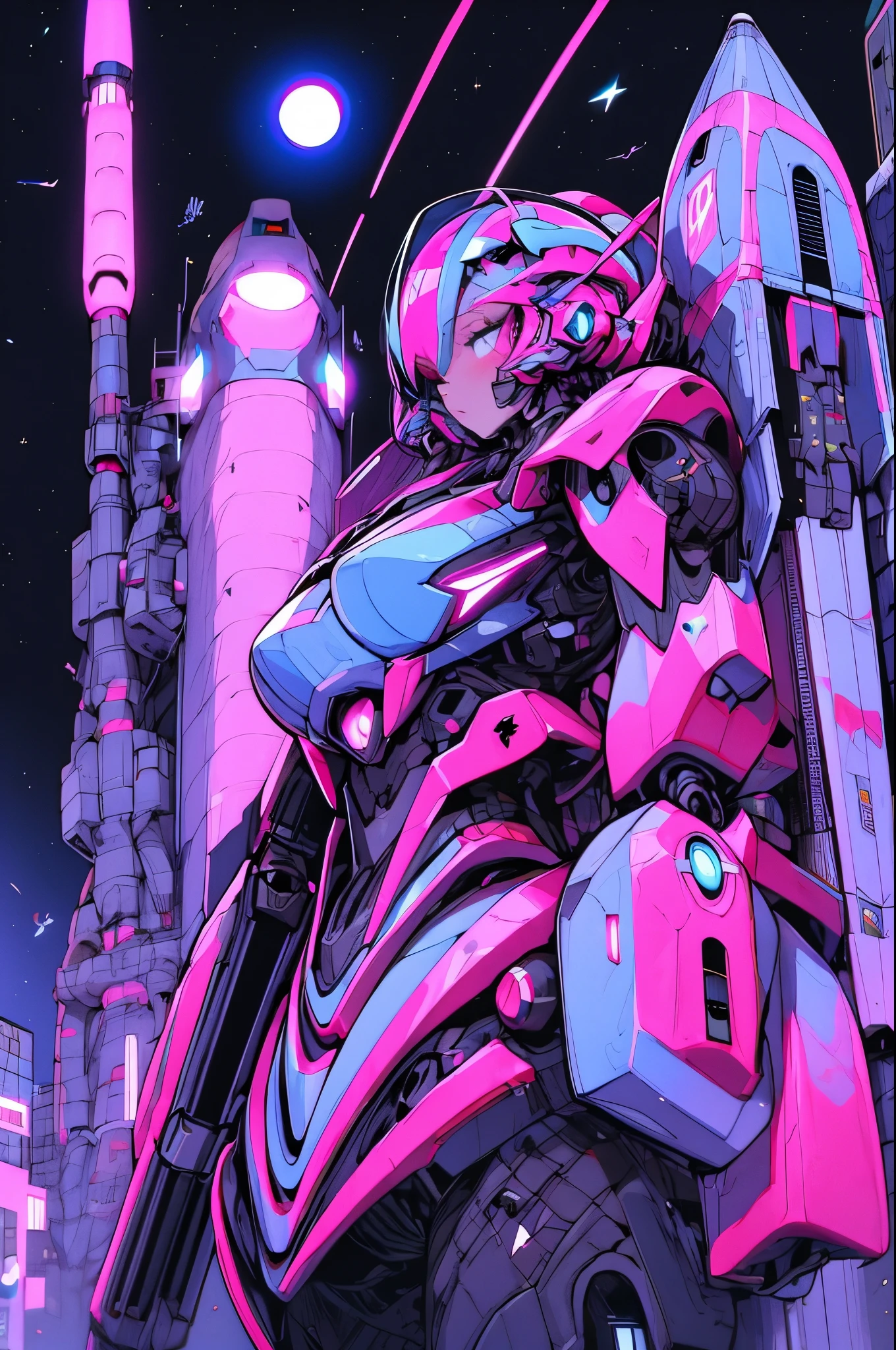 Cosmos, Meteor, Space Station, Glow, Robot, Mecha Girl, Pink Hair, Architecture, glowing_eyes, Mecha, Science Fiction, City, Reality, Mecha