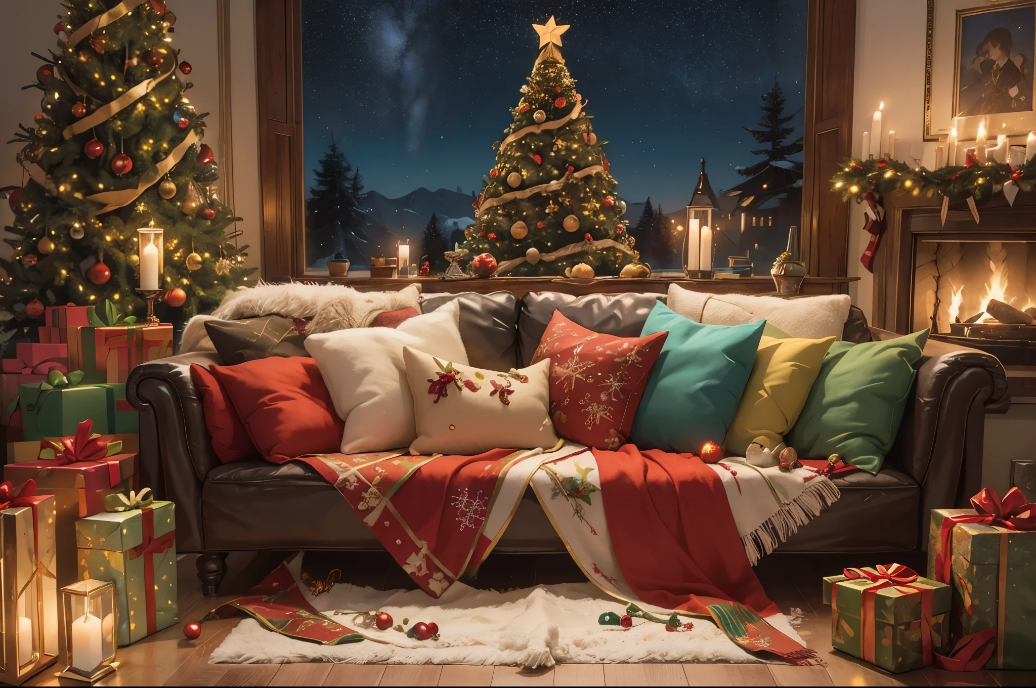 (Best quality, 8K, A high resolution, tmasterpiece:1.2), ultra - detailed, (actual, realistically:1.37), Vibrant colors, Magical atmosphere, Whimsical, ((sky full of stars，The stars shine))，(((Use an illustration style))), European style interior house、Christmas decorations、The fireplace is warm、Lanterns hanging on the stairs、Gifts wrapped in colorful  under the Christmas tree、pile of gifts on the floor、wooden floor、Decorated pine tree、镶wooden floor、mantel、red and green、Christmas atmosphere、traditional christmaestive atmosphere、chaleureux、joyeux Noel、gift tag、Christmas wreath、decorations、metal ribbon、Christmas tree lights、Confectionery，Gingerbread Man，(Transparent glow)、房间布置得有浓浓的Christmas atmosphere. A string of shining colored lights hangs on the wall, 窗台上放着Christmas wreath和小雪人, In the corner of the room stands a beautifully decorated Christmas tree. On a table, There are beautiful cutlery and red plates. In the center of the table, Have a sumptuous Christmas feast, Next to it is a bottle of red wine and two exquisite wine glasses, Brings warmth and comfort to the entire room. (Ghibli-style colors, first person perspective, hyper HD, tmasterpiece, acurate, Anatomically correct, ctextured skin, super detailing, high detal, high qulity, Award-Awarded, Best quality at best, 8K), hyper realisitc的, Psychedelic, Complicated details, Beautiful texture, Ethereal, like a dream, Soft glowing light, Charming Patterns, Fantasy creatures, Hidden surprises, dreamlike landscapes, hyper realisitc的 color palette, Mystic aura, hyper realisitc, Enchanting journey, psychedelic trip, vivid imagination, immersive experience, mysterious creature, otherworldly charm, glowing paths, Light up a magical Christmas, hyper realisitc的天空, Whimsical theme park, a magical encounter,Fascinating artwork