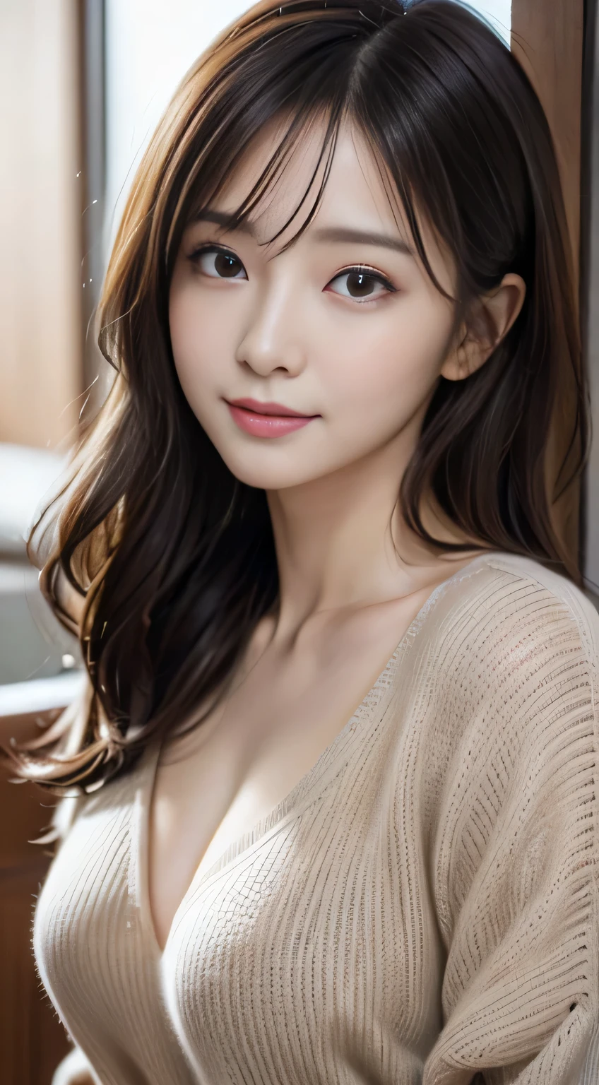 masutepiece、Best Quality、Illustration、 Ultra-detailed、finely detail、 hight resolution、8K Wallpaper、Perfect dynamic composition、31 year old beautiful mature woman、Neat and clean woman、A detailed face、Detailed eyes、Textured skin、A faint smile、tiny chest、Bold sexy poses、Winter casual wear、