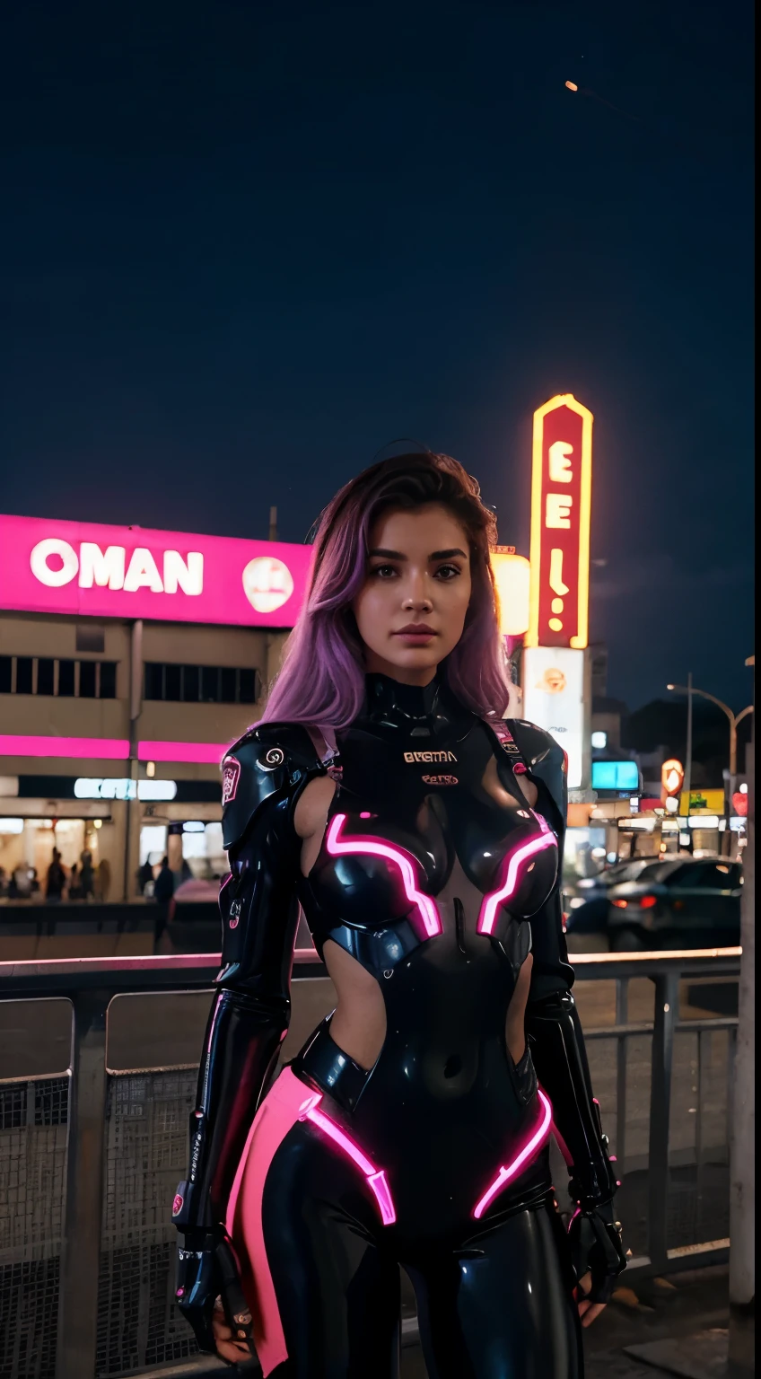 robo feminina super parecida com humano no meio de uma cidade cheia de neon