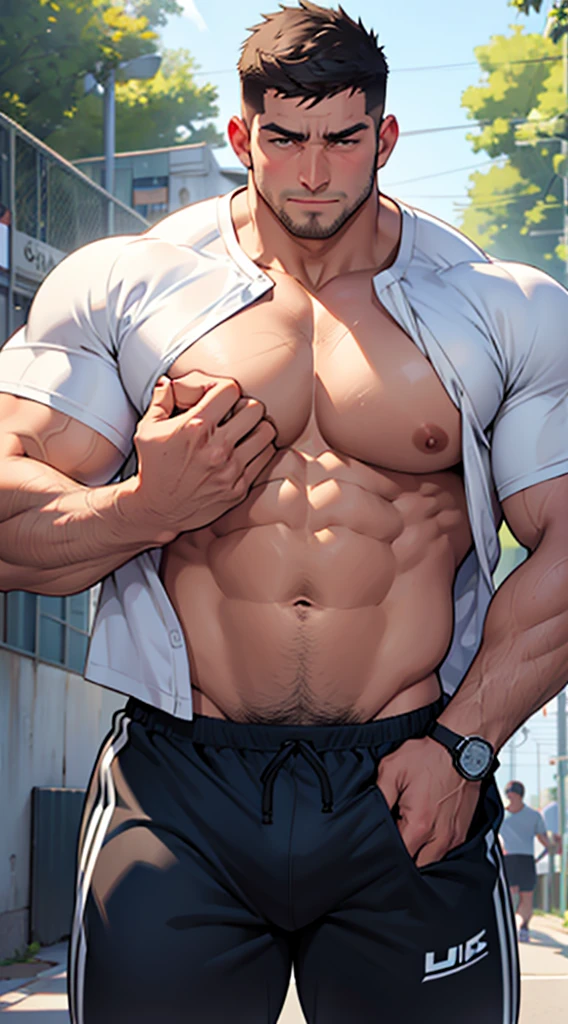 chubby gym teacher, Cool guy with big breasts with semen coming out from under his clothes,barechested