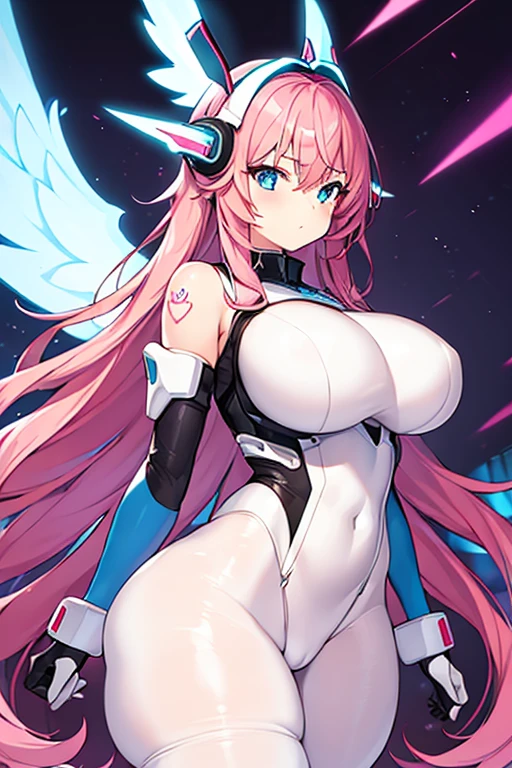 1girl, wide hips, large brests, breasts, thick thighs, pink hair, long hair, headphones, hair ornament, ornament, blue eyes, serious, angel wings, angel, wings, bodysuit, white bodysuit, pantyhose, black pantyhose, tech, futuristic, machinery, science-fiction, neon, neon trim