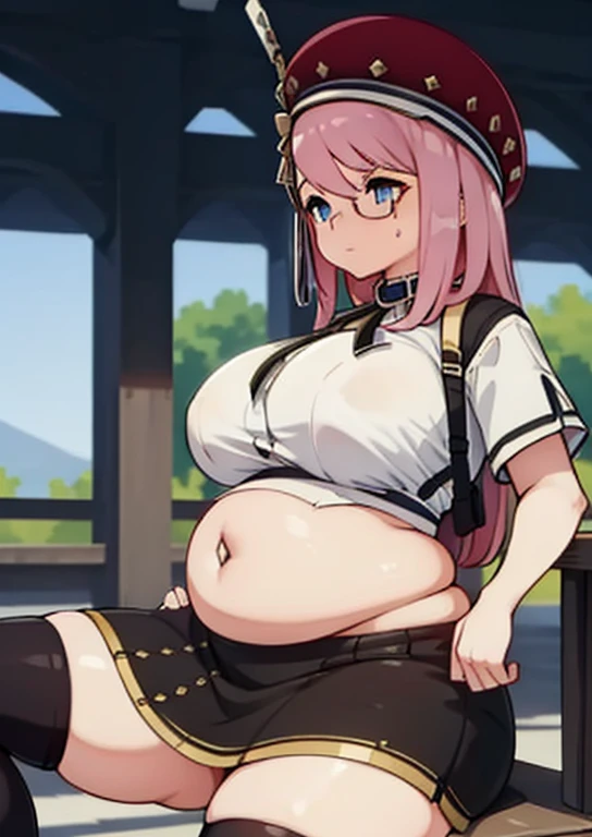 (masterpiece, best quality), 1girls, big belly, blurry background, huge belly, art by kipteitei, round belly, chubby, curvy, white button-up shirt, skirt, thighhighs, simple_background, gradient_background, belly bursting out of shirt, belly grab, enormous belly, fat belly, thicc, bigger belly, sitting on chair, really big belly, jiggly belly, shirt covering belly, belly cover by shirt