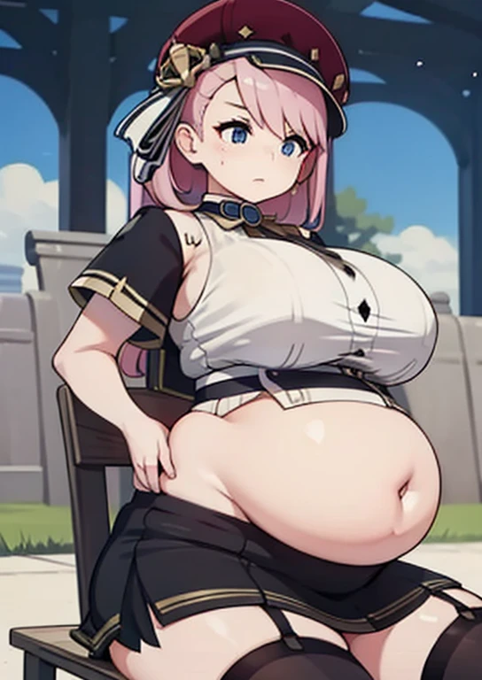 (masterpiece, best quality), 1girls, big belly, blurry background, huge belly, art by kipteitei, round belly, chubby, curvy, white button-up shirt, skirt, thighhighs, simple_background, gradient_background, belly bursting out of shirt, belly grab, enormous belly, fat belly, thicc, bigger belly, sitting on chair, really big belly, jiggly belly, shirt covering belly, belly cover by shirt