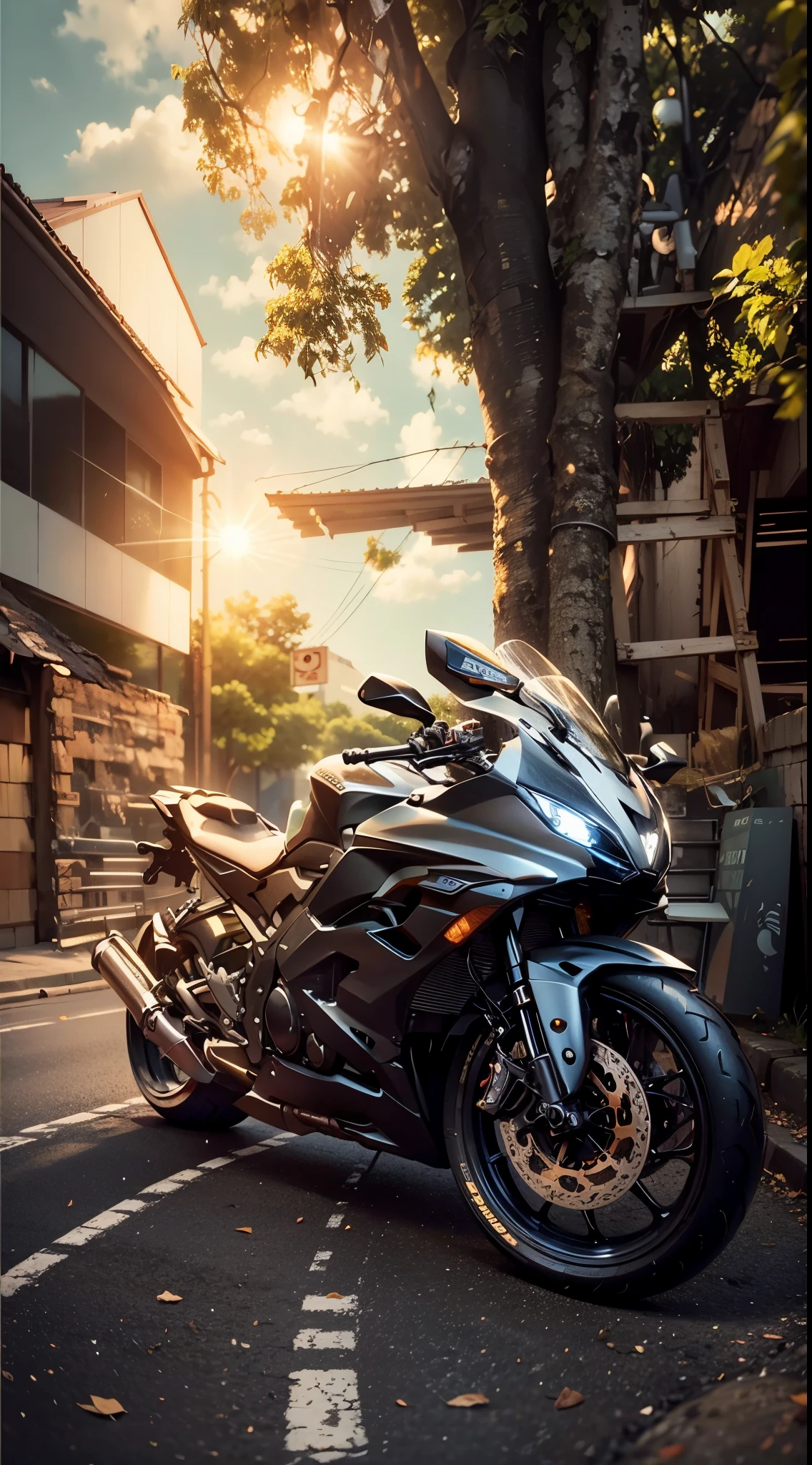 there is a motorcycle parked in front of a building with a tree, r6, front side full, front profile!!!!, front profile, realism artstyle, modern minimalist f 2 0 clean, front side, with backlight, translucent sss, from 8 k matte, front side view, front view dramatic, front profile shot