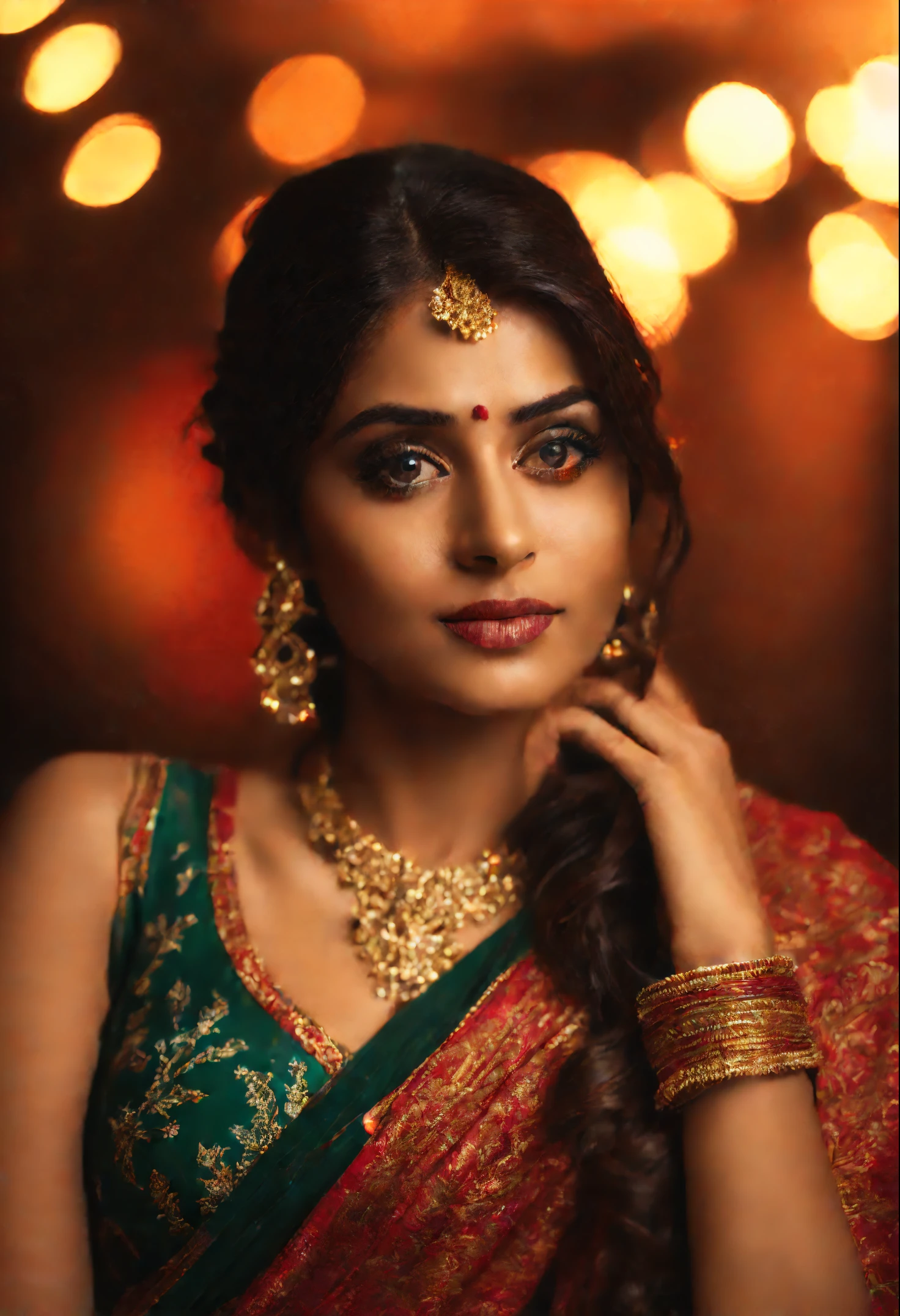 An Indian girl, hot and sexy, gorgeous, wearing designer Saree, sensational look, lighting focus on the face, studio lighting, 4k