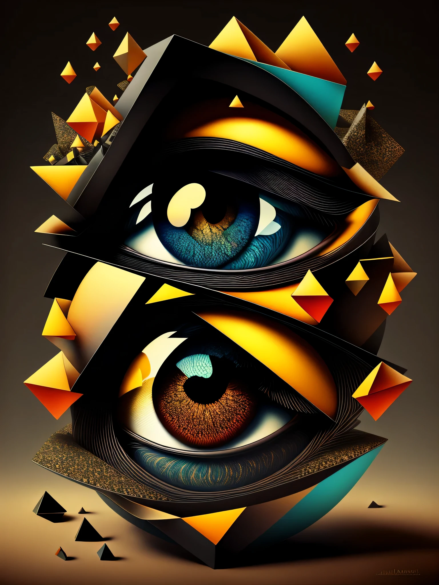 Kaleidoscopic Cubes This dynamic piece utilizes interlocking cubes and triangles in a kaleidoscopic array of colors. The angular shapes seem to shift and rotate as your eye moves across the canvas, creating an energizing optical illusion. The bold black outlines add definition, while the layered blocks of color provide depth.