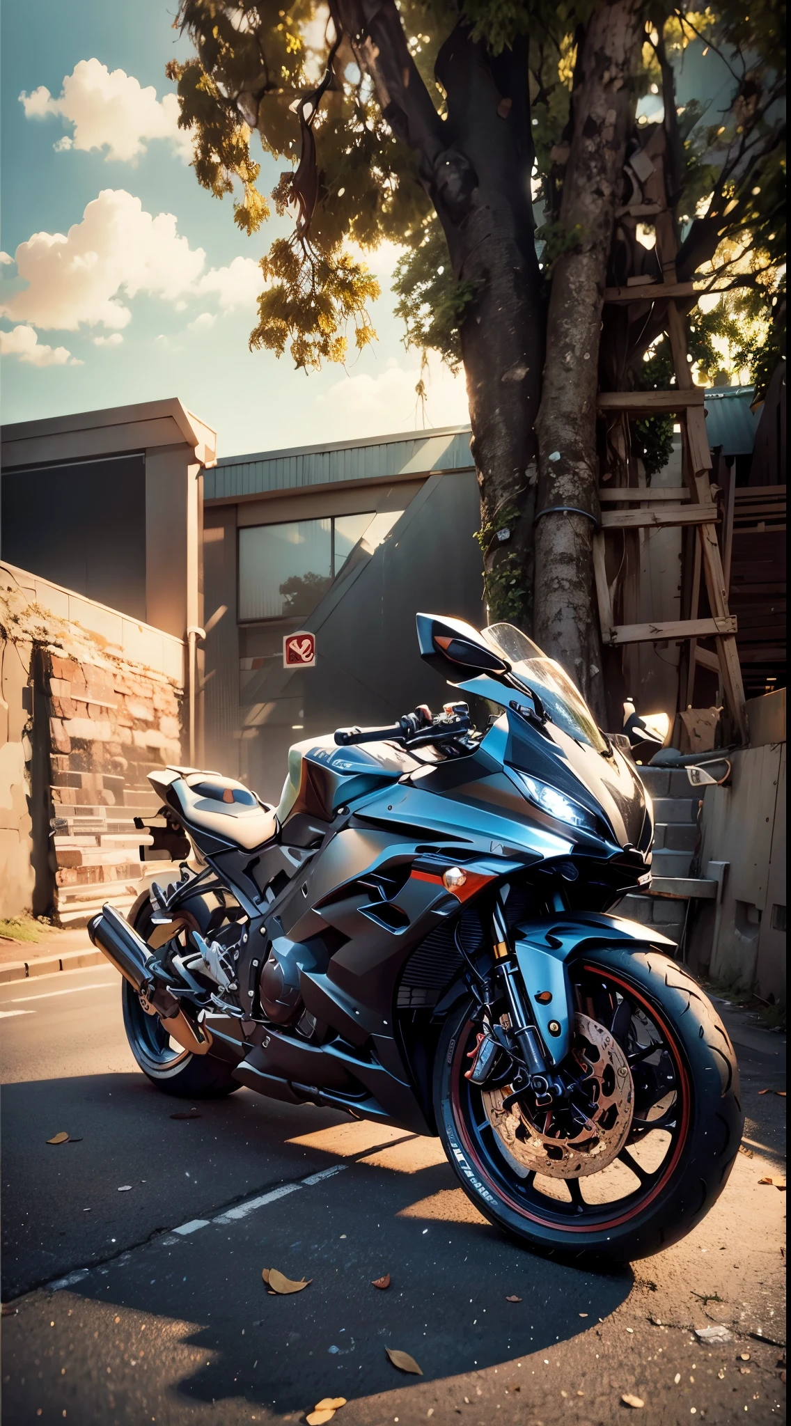 there is a motorcycle parked in front of a building with a tree, r6, front side full, front profile!!!!, front profile, realism artstyle, modern minimalist f 2 0 clean, front side, with backlight, translucent sss, from 8 k matte, front side view, front view dramatic, front profile shot
