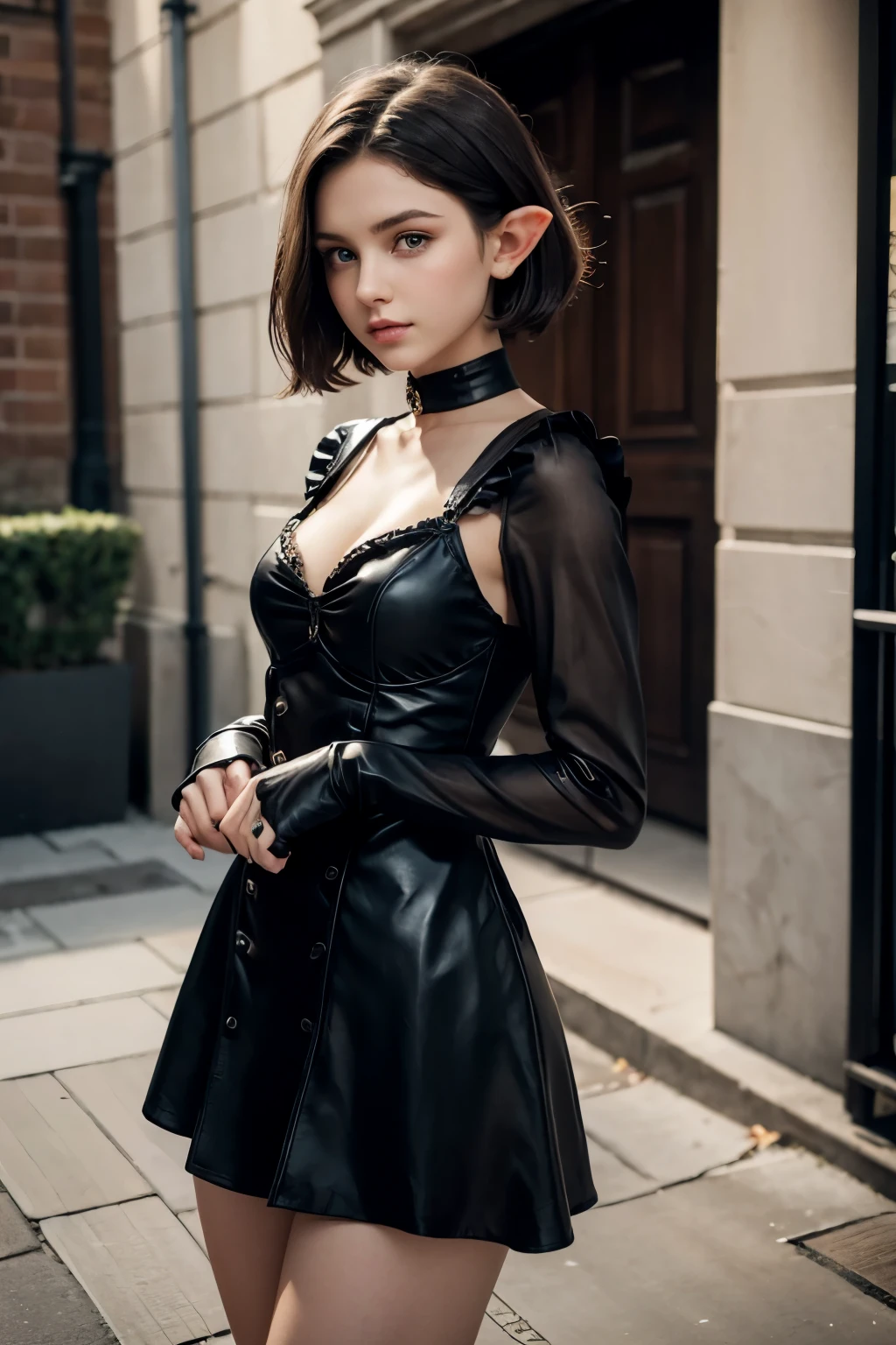 (1Girl (Elf), 19yo, (russian model face with cute frenckles), shy, petite), ((Short dark hair)), ((Wearing black steampunk dress,))