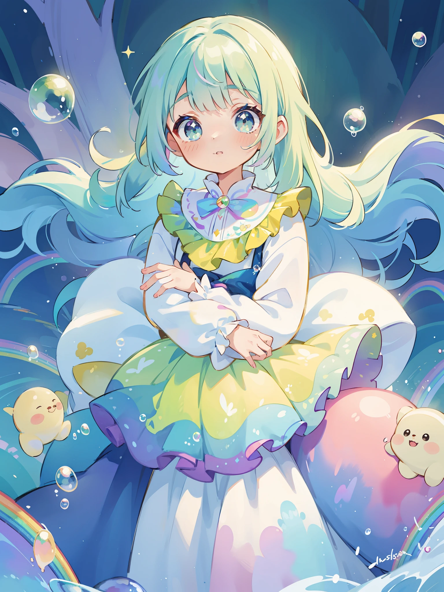 masterpiece, best quality, intricate details, beautiful girl, sparkling eyes, otherworldly liquid fantasia background, watercolor, bright vibrant colors, whimsical, colorful, layered tiered puffy long sleeve ballgown, ((iridescent rainbow bubbles))