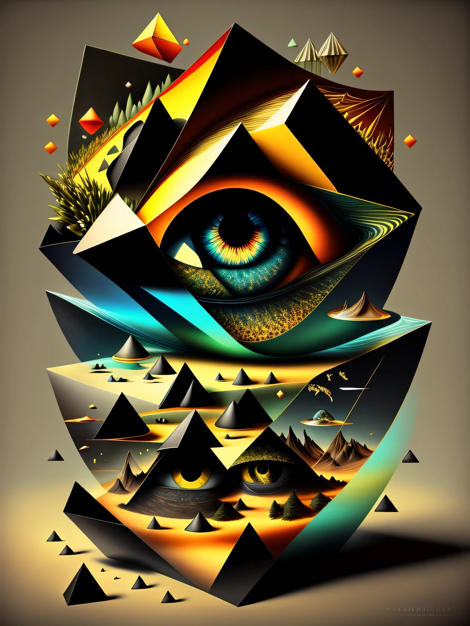 Kaleidoscopic Cubes This dynamic piece utilizes interlocking cubes and triangles in a kaleidoscopic array of colors. The angular shapes seem to shift and rotate as your eye moves across the canvas, creating an energizing optical illusion. The bold black outlines add definition, while the layered blocks of color provide depth.