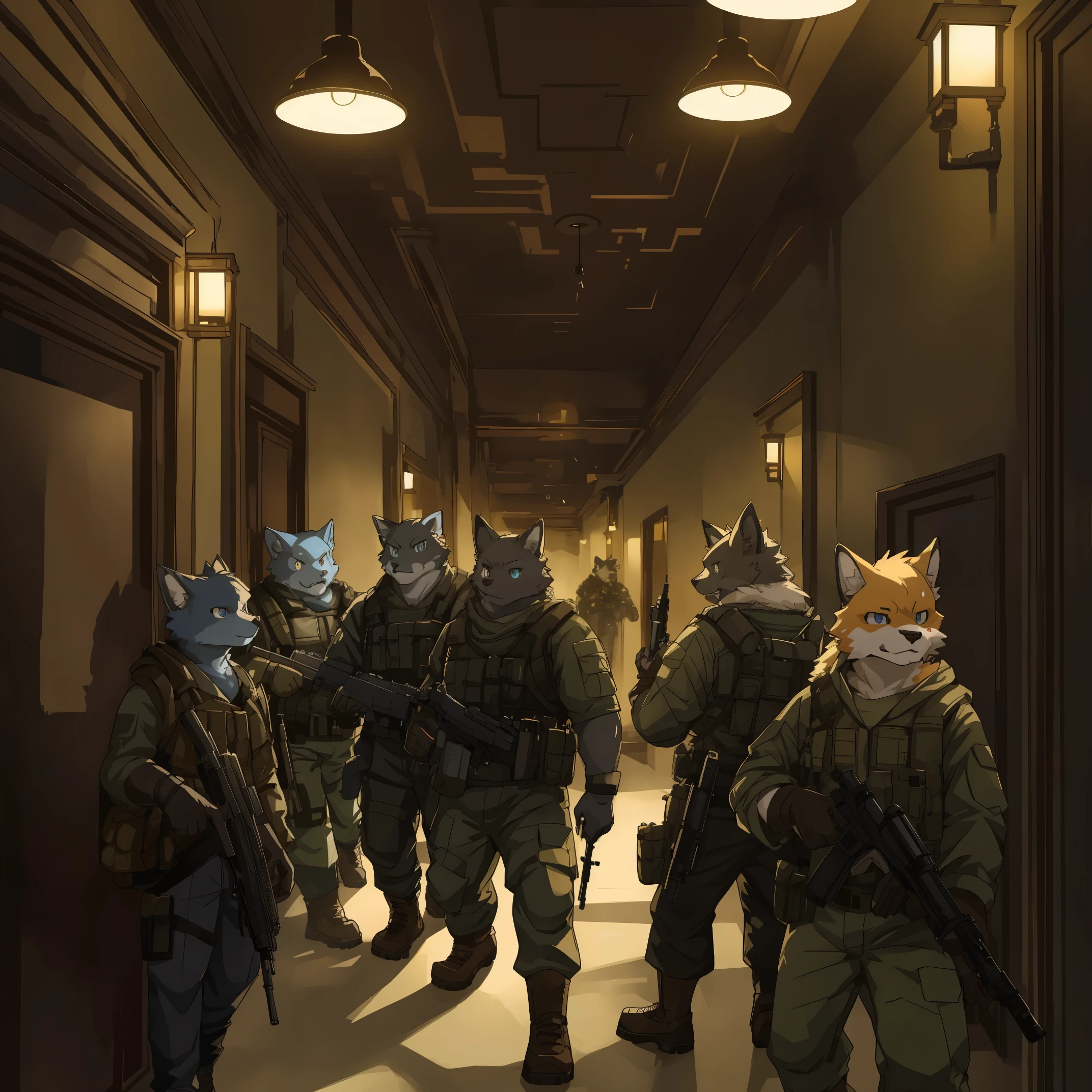 dynamic angle, top quality, best quality, High-quality illustrations, masterpiece, super high resolution, detailed background, detailed background, biohazard, Dim hotel hallway, gun fight, group shot:0.1, 6+boys, 6+girls, game package, absurdres(highly detailed beautiful face and eyes)perfect anatomy, expression, good lighting, cinematic shadow(kemono, furry anthro),