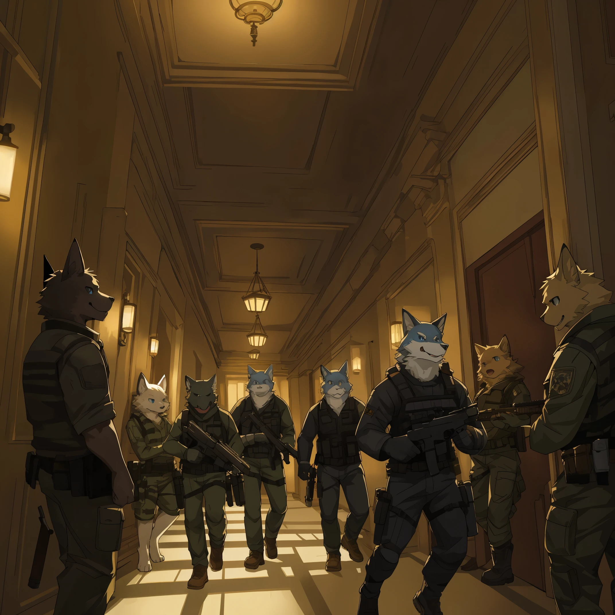 dynamic angle, top quality, best quality, High-quality illustrations, masterpiece, super high resolution, detailed background, detailed background, biohazard, Dim hotel hallway, gun fight, group shot:0.1, 6+boys, 6+girls, game package, absurdres(highly detailed beautiful face and eyes)perfect anatomy, expression, good lighting, cinematic shadow(kemono, furry anthro),