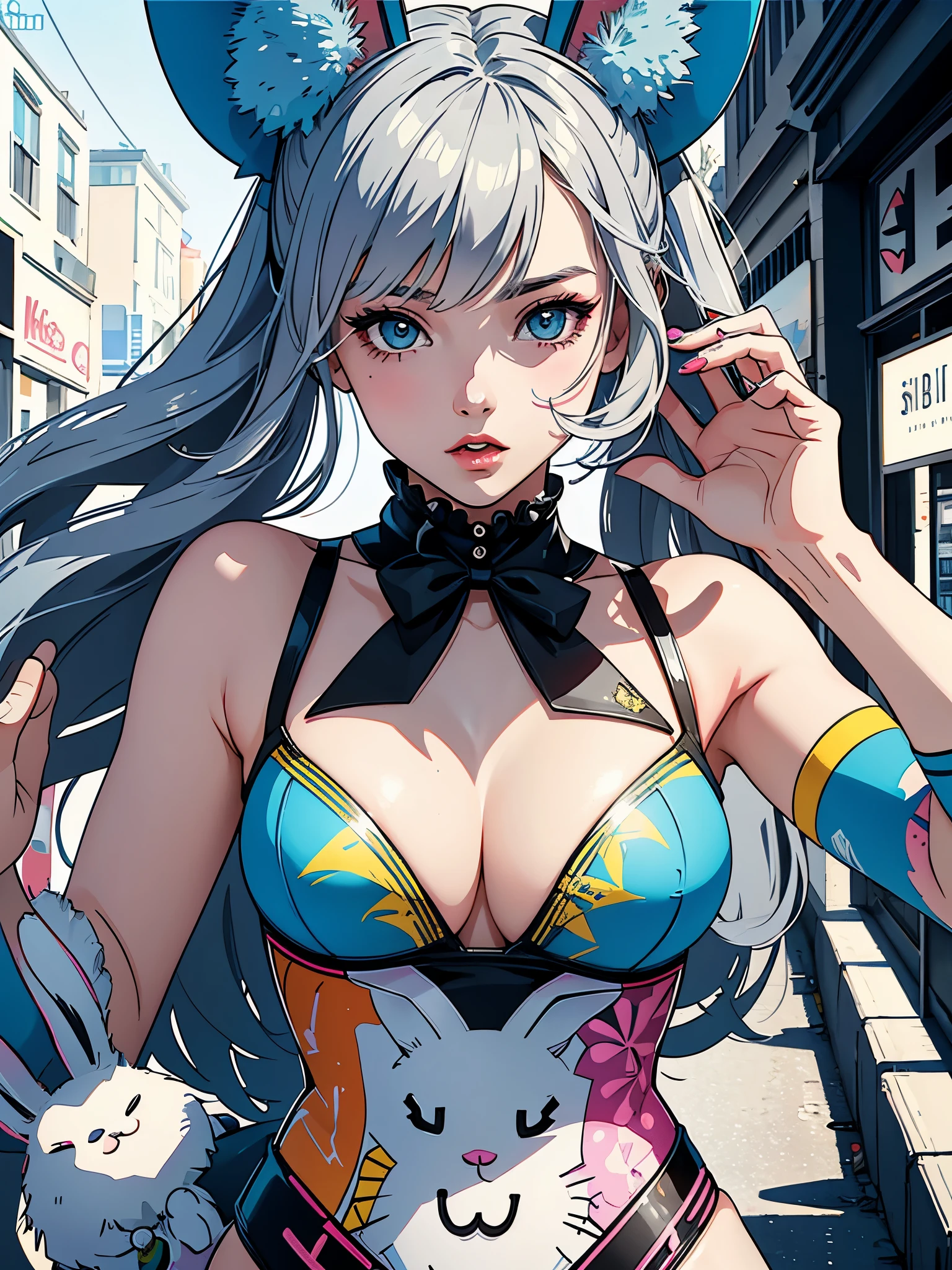 Create digital artwork in pop art style、Features a detailed bunny girl、Street fashion、Movie color schemes、Surrounded by vintage rabbit motifs、Vivid brush strokes、Emotions must be dynamic、Upper body、Drawing、Illustration、grayscales、Tropical、many rabbits、