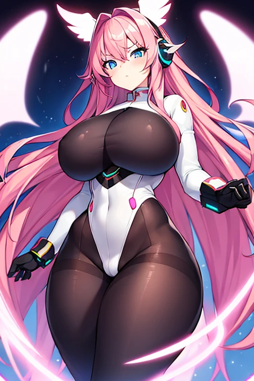 1girl, wide hips, large brests, breasts, thick thighs, pink hair, long hair, headphones, hair ornament, ornament, blue eyes, serious, angel wings, angel, wings, bodysuit, white bodysuit, pantyhose, black pantyhose, tech, futuristic, machinery, science-fiction, neon, neon trim