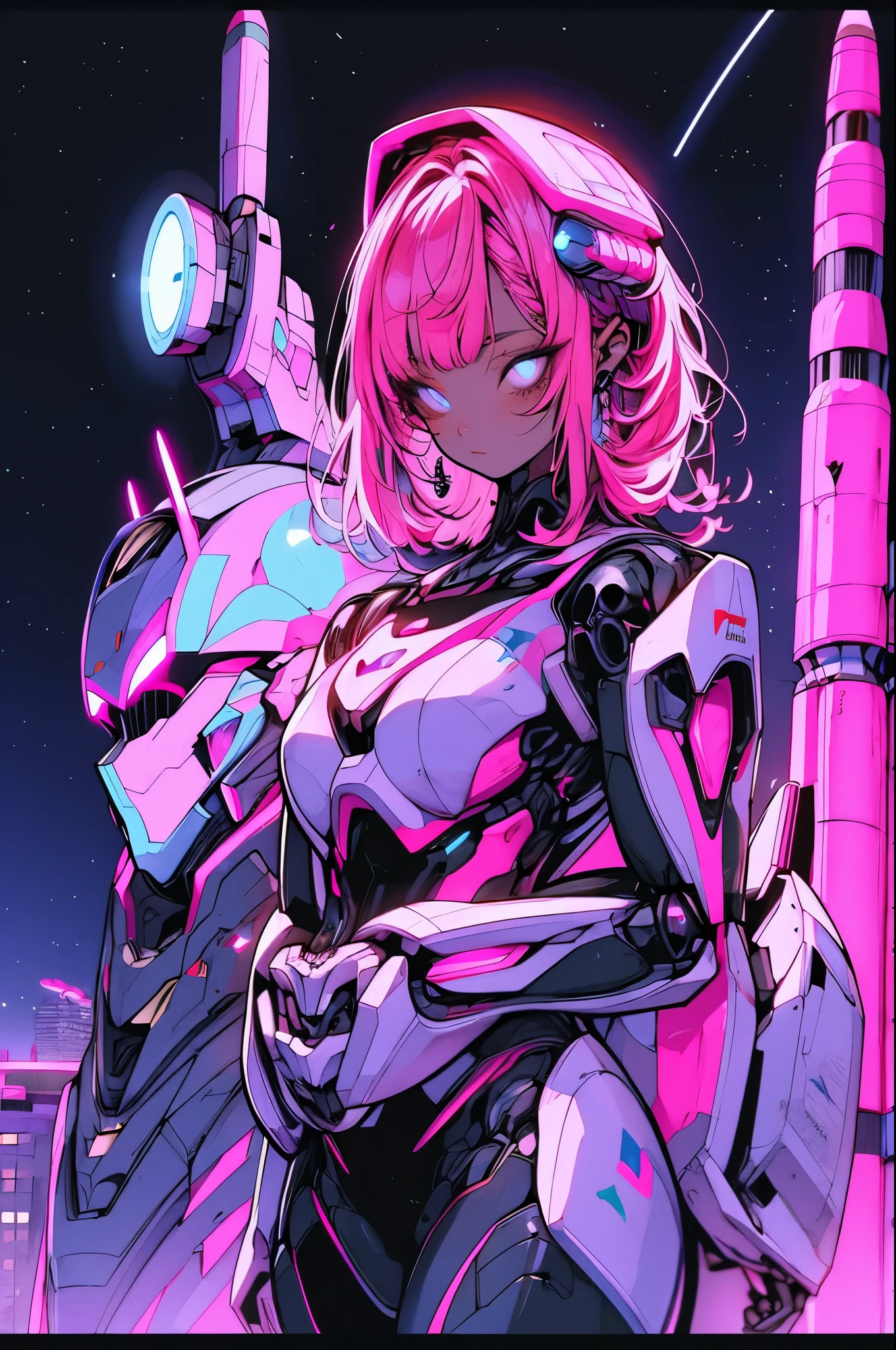 Cosmos, Meteor, Space Station, Glow, Robot, Mecha Girl, Pink Hair, Architecture, glowing_eyes, Mecha, Science Fiction, City, Reality, Mecha