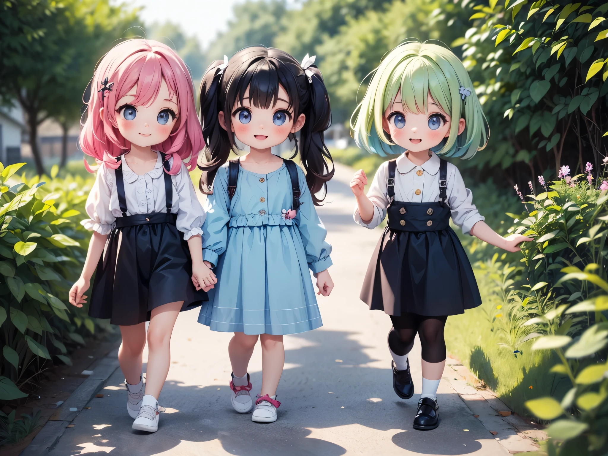 Underwear for two girls, Ages 5 and 10、Realistic panties made of patterned cotton fabric、Translucent slip、Skirt lining、Skirt flip、In the shadow of a dark tree、Put your hands on your crotch、tights、Peeking from below