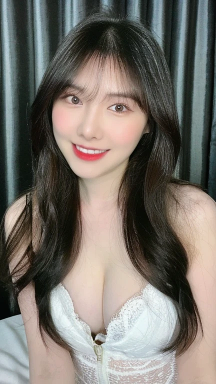 (realistic, high resolution:1.3), 1 girl with perfect figure, smile, ((pale white skin:1.3)) ,(gigantic breasts:1.3), looking at viewers, super fine face and eyes, long hair, white transparent lace veil , in bedroom, sit on the bed, , exposed cleavage, upper body, half body
