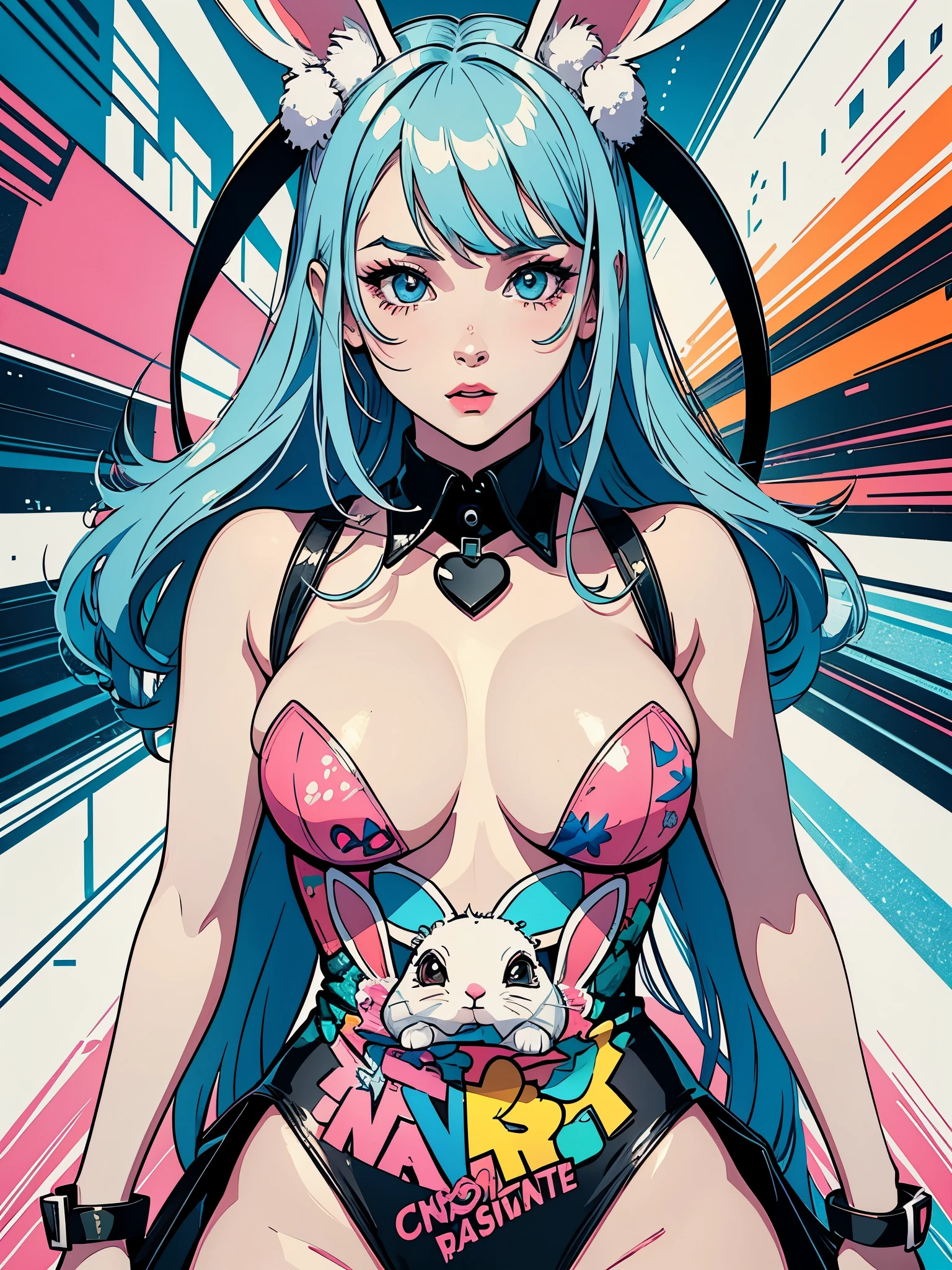 Create digital artwork in pop art style、Features a detailed bunny girl、Street fashion、Movie color schemes、Surrounded by vintage rabbit motifs、Vivid brush strokes、Emotions must be dynamic、Upper body、Drawing、Illustration、grayscales、Tropical、many rabbits、