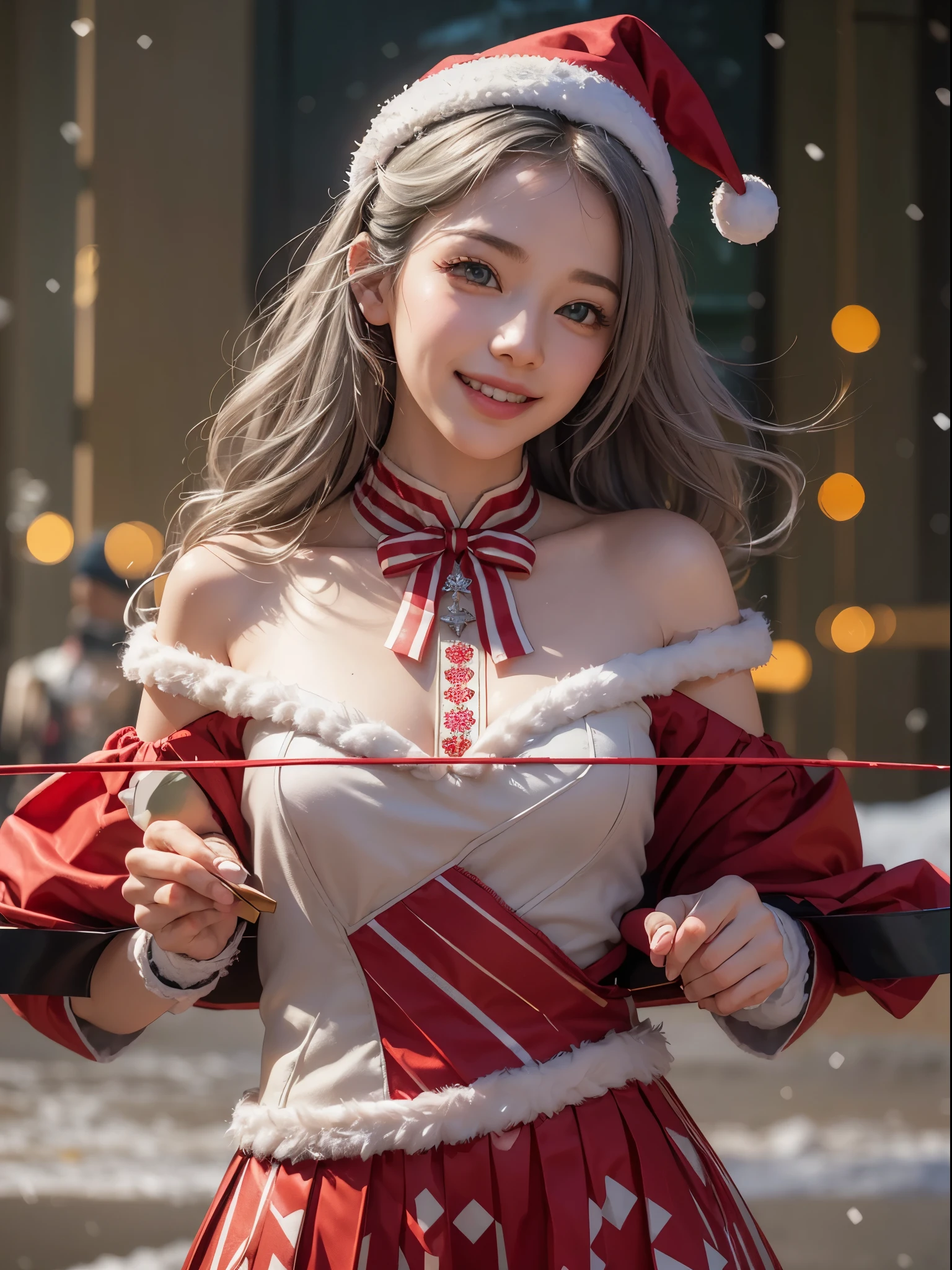 (Realistic:1.8), (Digital art:0.2), (Geometric art:1.7),(agpi official art, beautiful and aesthetic, ultra detailed, beautiful, masterpiece, best quality:1.6), (1girl:1.2), Detailed face, Detailed eyes, Detailed hair, young fingers, Detailed fingers, five fingers, sitting, upper body,
_
BREAK cute ig model, Japanese cute model, 22 years old, Tightened all body, small head, small face, small mouth, diamond Face, small nose, Sharp Faceline, (dropy eyes, Double eyelid, Light color eyes, Glossy eyes, Shiny eyes:1.2), Shiny skin, shiny hair, (gray hair:1.2),
_
BREAK (happy, smile, Teeth, Glossy Lip:1.2),beautiful Teeth, (upper body:1.5), from front,
_
BREAK (Cute Christmas theme:1.2), (fluffy Santa hat with ribbon:1.2), (adorable red and white candy cane-striped off-shoulder top:1.2), (short length green pleated skirt with subtle snowflake patterns:1.2), (festive knee-high socks with small bows:1.2), (festive red and green ankle boots:1.2), BREAK (sparkling snowfall background:1.2), (joyful expression:1.2), (holding a cute gift box with a big bow:1.2), (gentle snow breeze:1.2),